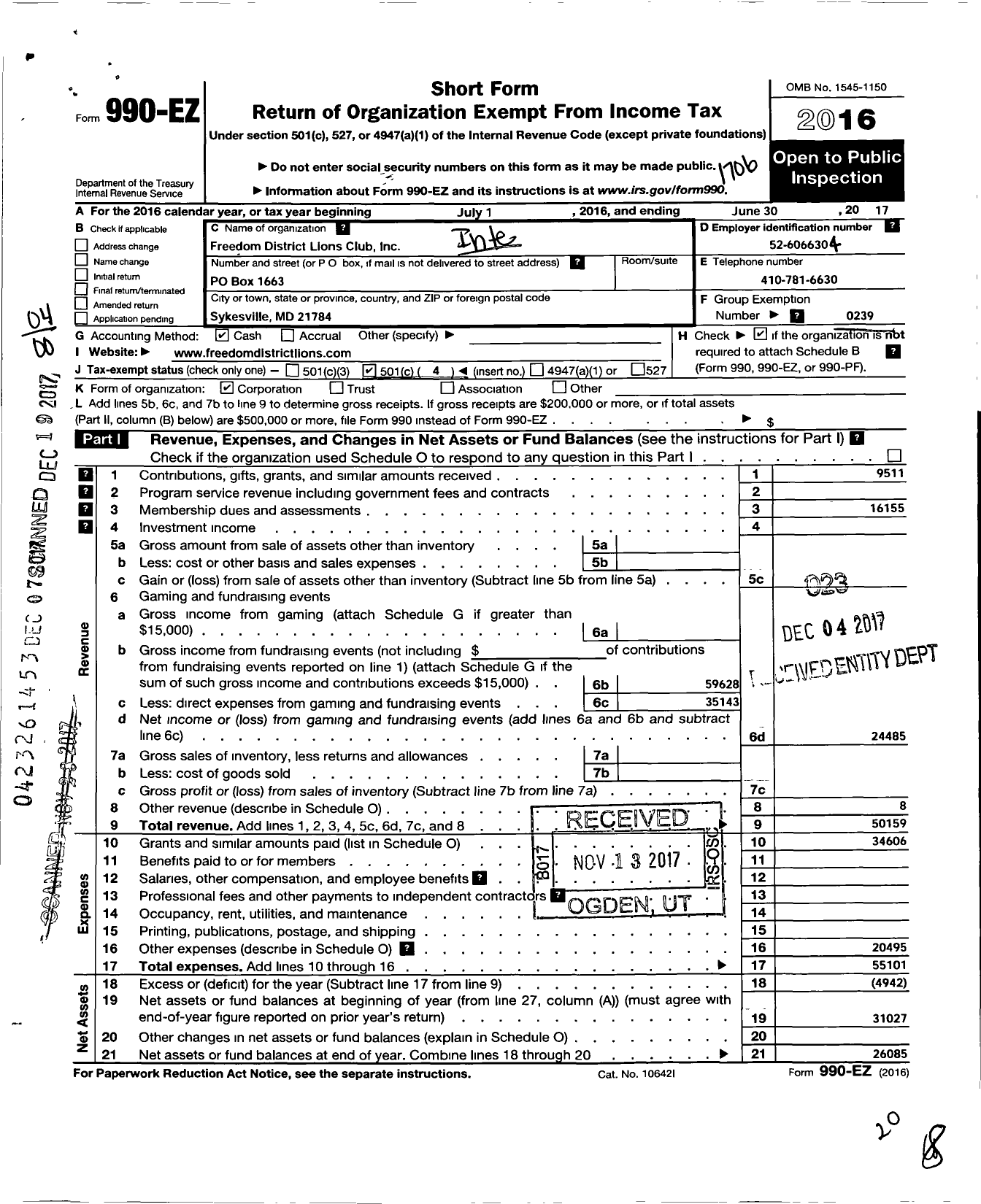 Image of first page of 2016 Form 990EO for LIONS CLUBS - 8922 Freedom District