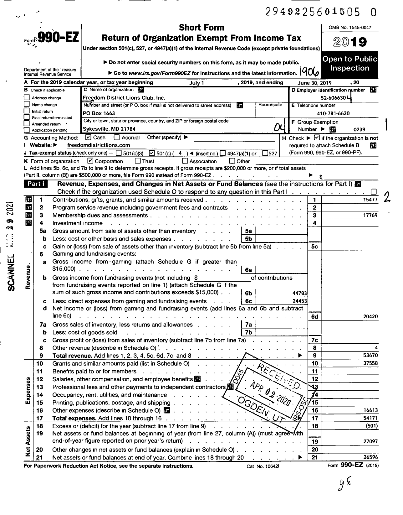 Image of first page of 2018 Form 990EO for LIONS CLUBS - 8922 Freedom District