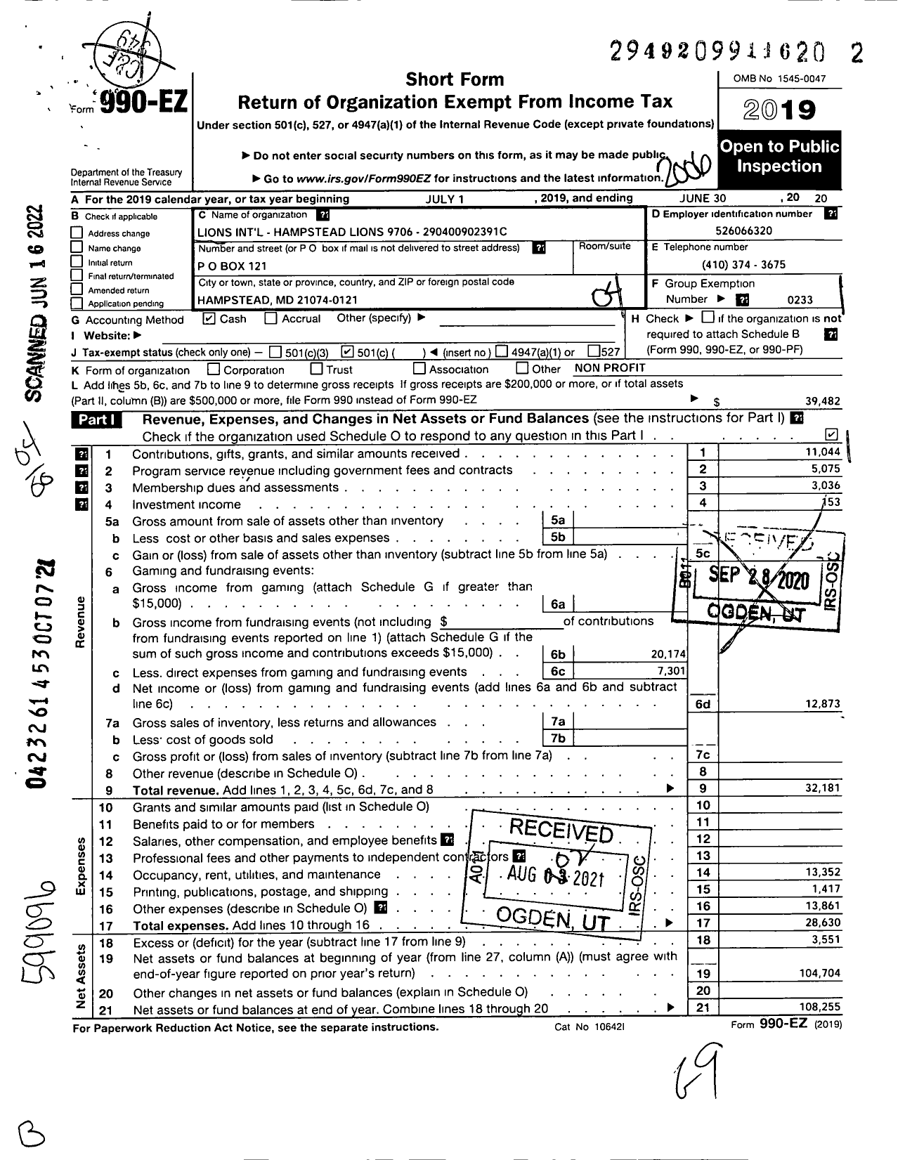 Image of first page of 2019 Form 990EO for Lions Clubs - 8929 Hampstead