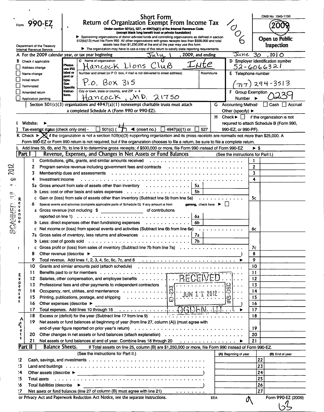 Image of first page of 2009 Form 990EO for International Association of Lions Clubs