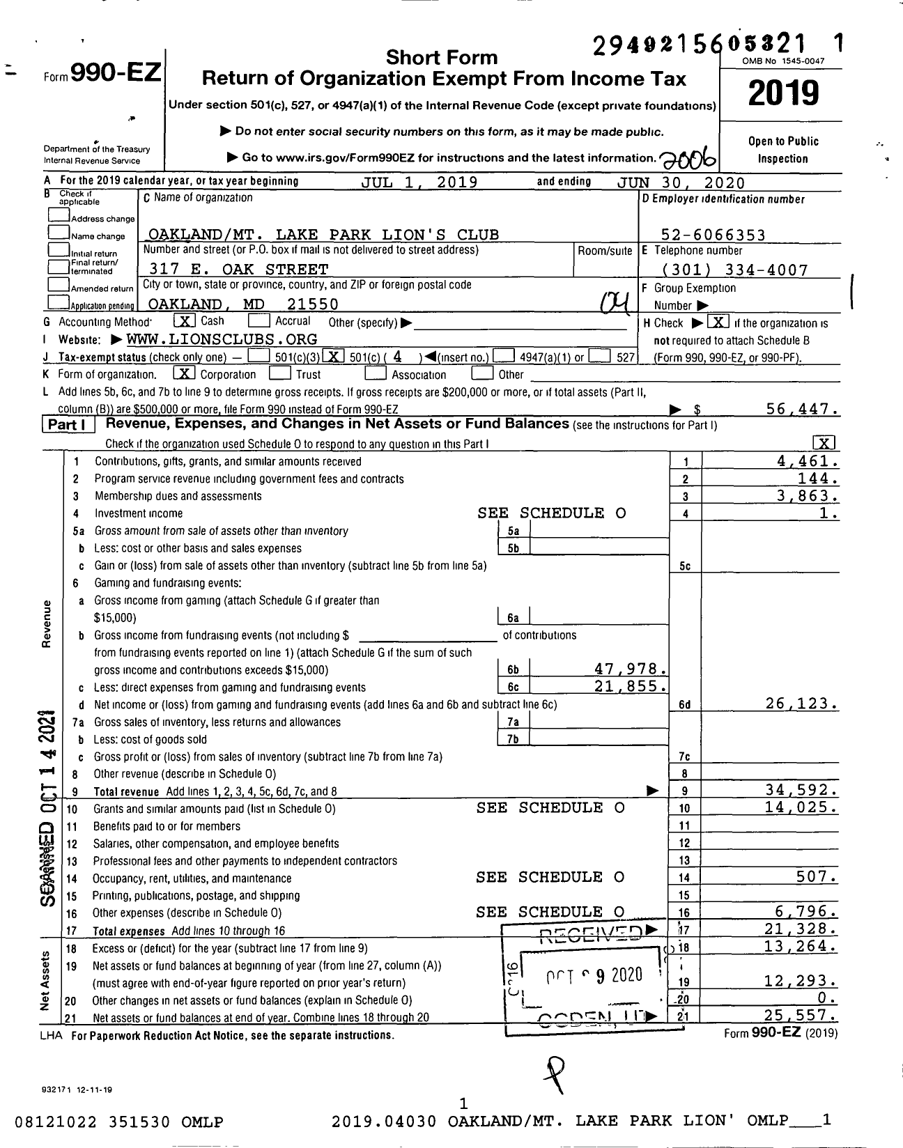 Image of first page of 2019 Form 990EO for Lions Clubs - 8942 Oakland Mount Lake Park