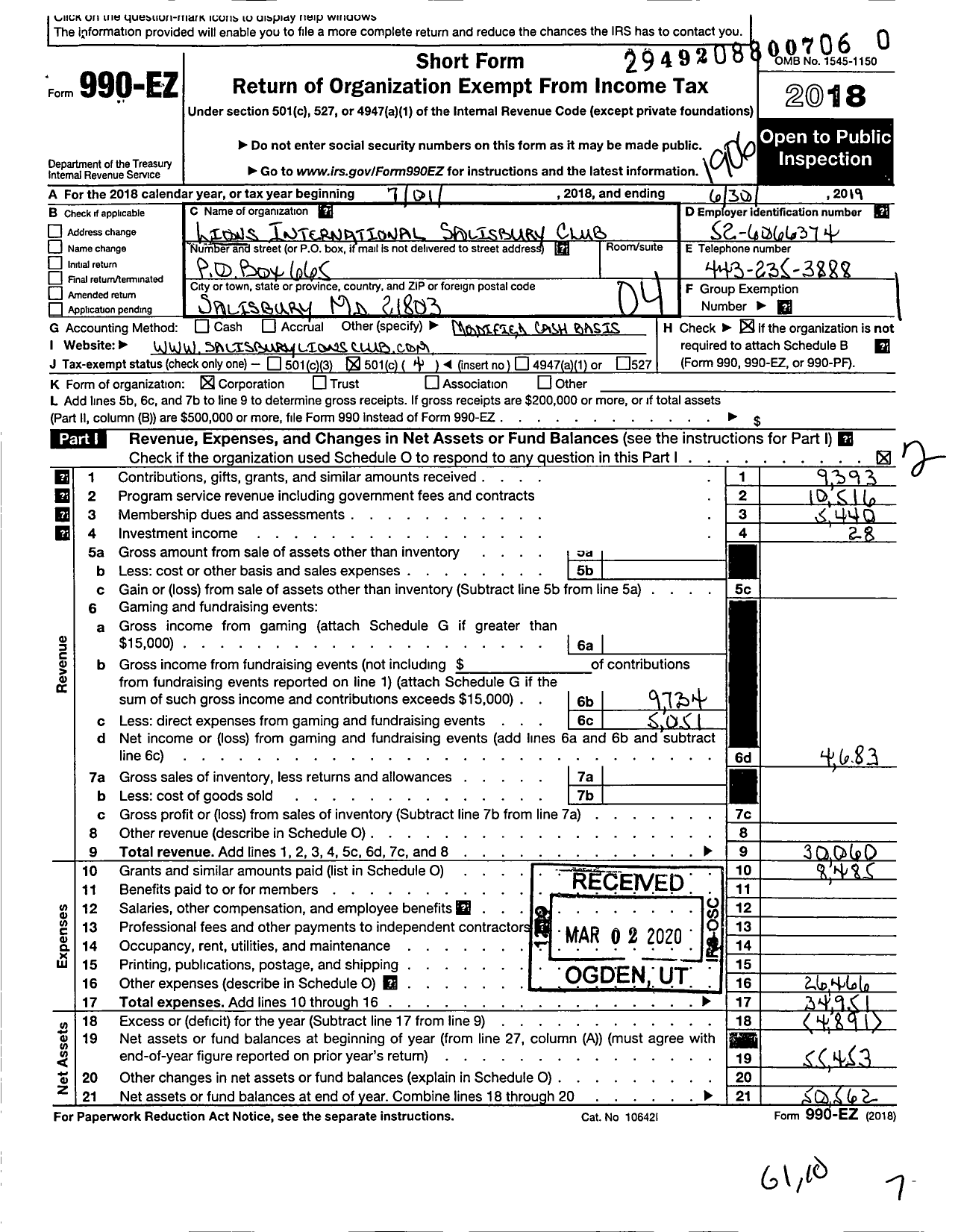 Image of first page of 2018 Form 990EO for Lions Clubs - 8795 Salisbury Maryland