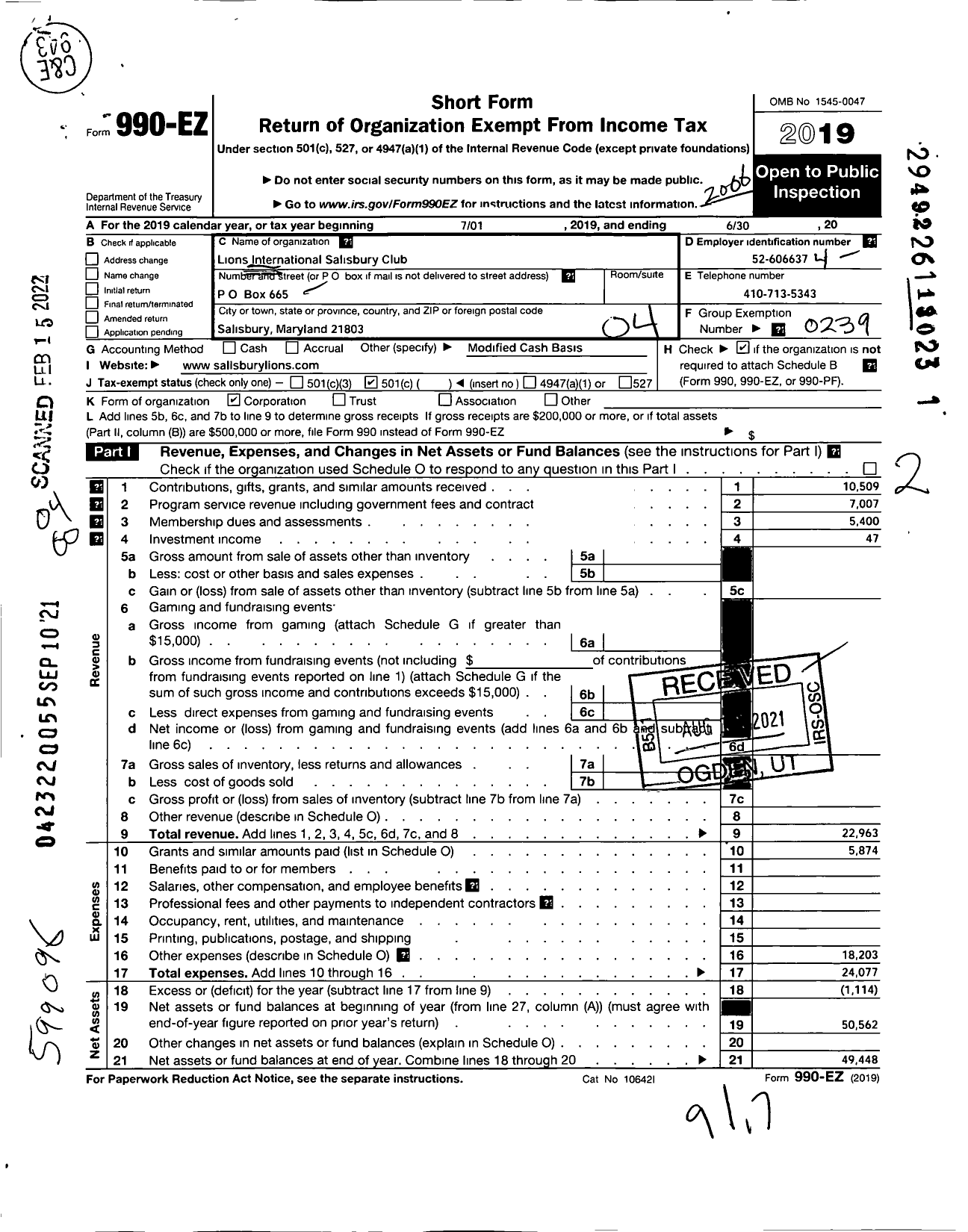 Image of first page of 2019 Form 990EO for Lions Clubs - 8795 Salisbury Maryland