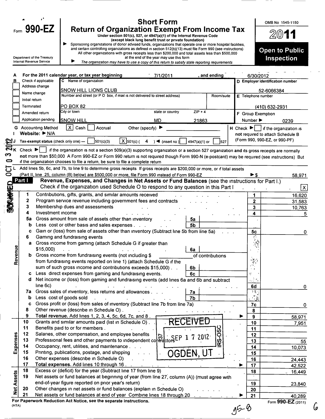 Image of first page of 2011 Form 990EO for Lions Clubs - 8797 Snow Hill Maryland