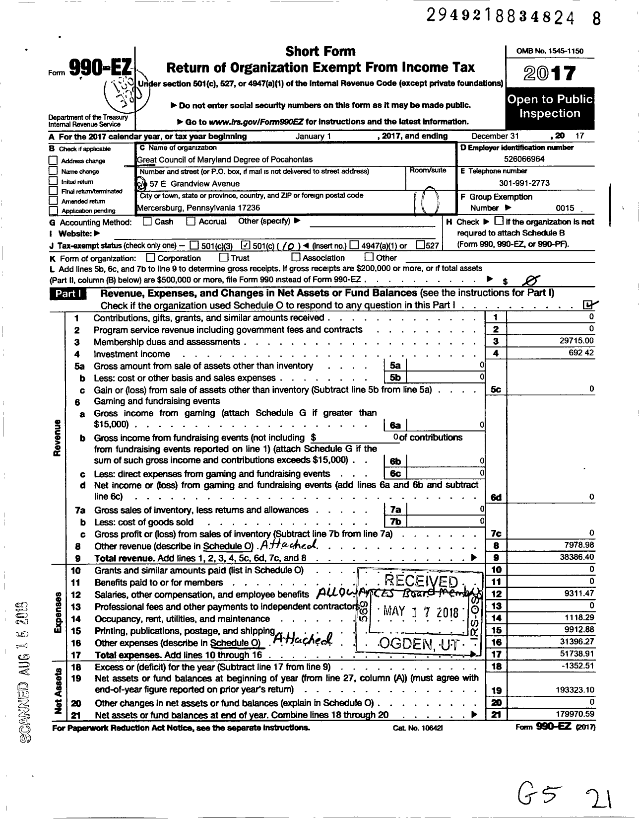 Image of first page of 2017 Form 990EO for Great Council of Maryland Degree of Pocahontas