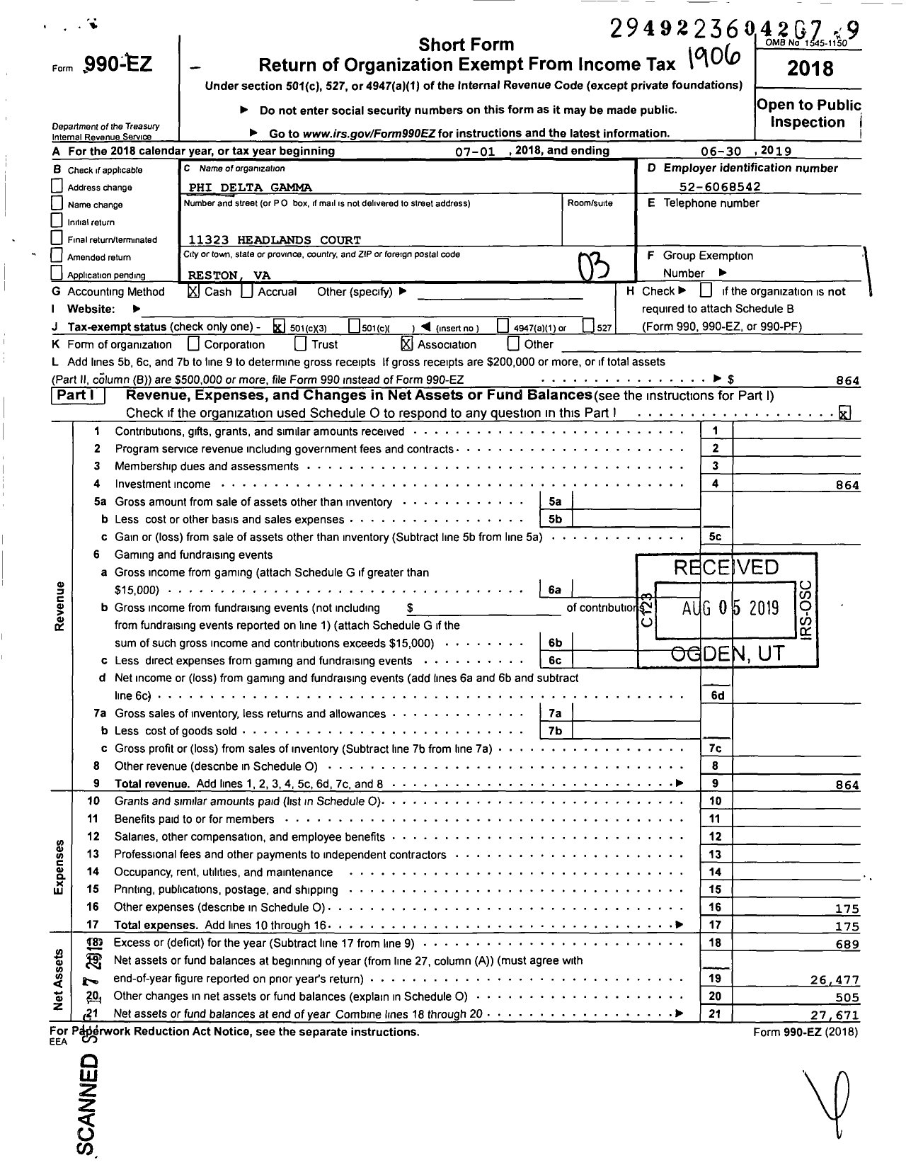 Image of first page of 2018 Form 990EZ for Phi Delta Gamma / Alpha Chapter