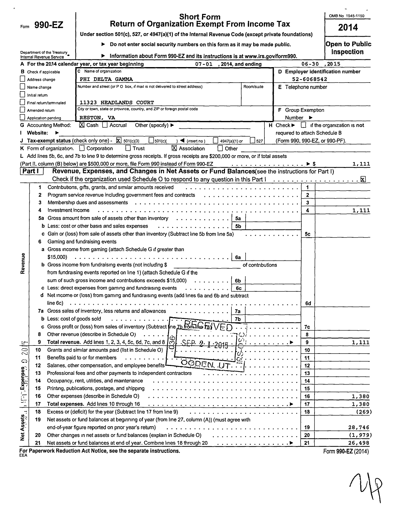 Image of first page of 2014 Form 990EZ for Phi Delta Gamma / Alpha Chapter