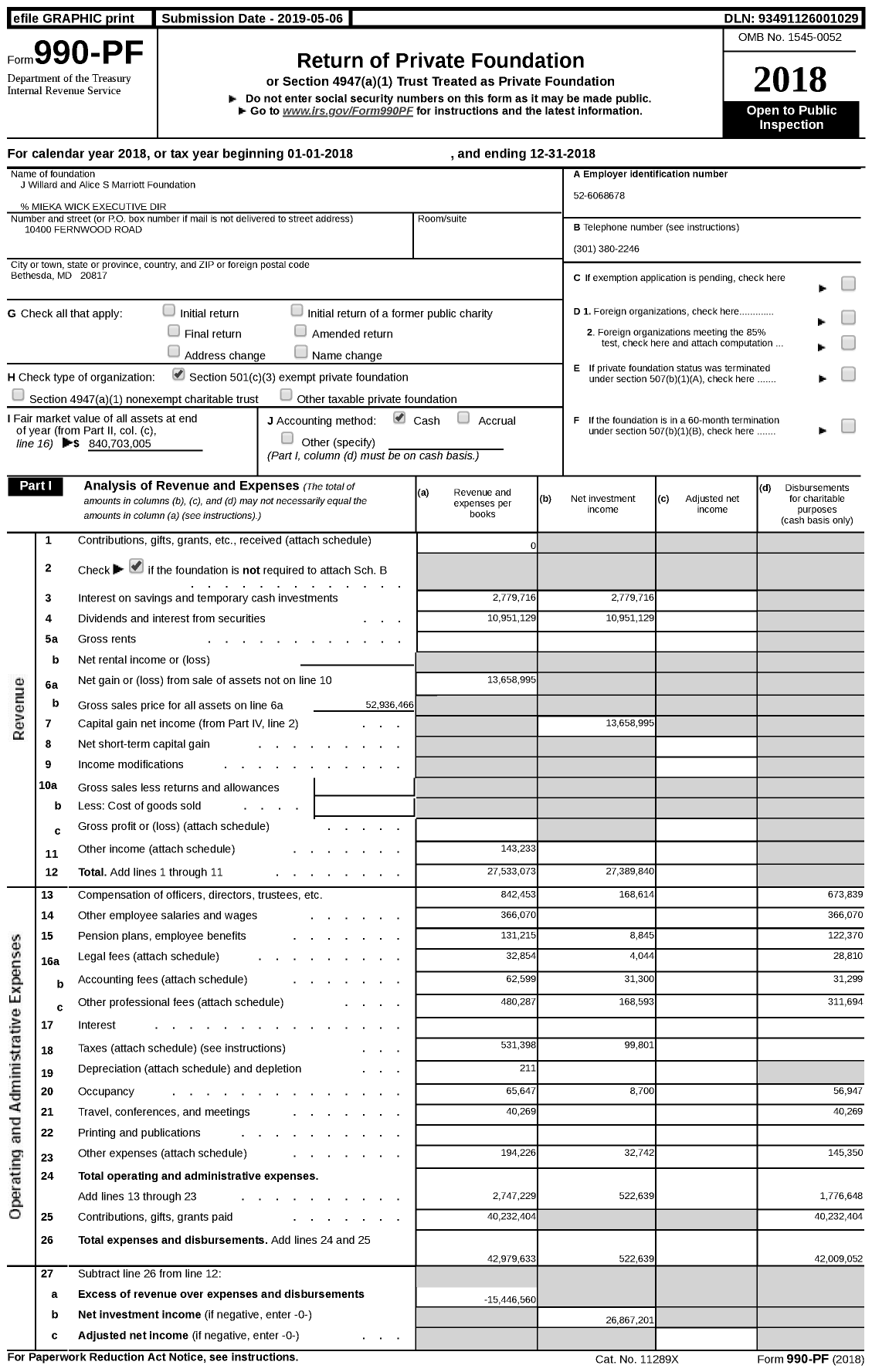 Image of first page of 2018 Form 990PF for J. Willard and Alice S. Marriott Foundation