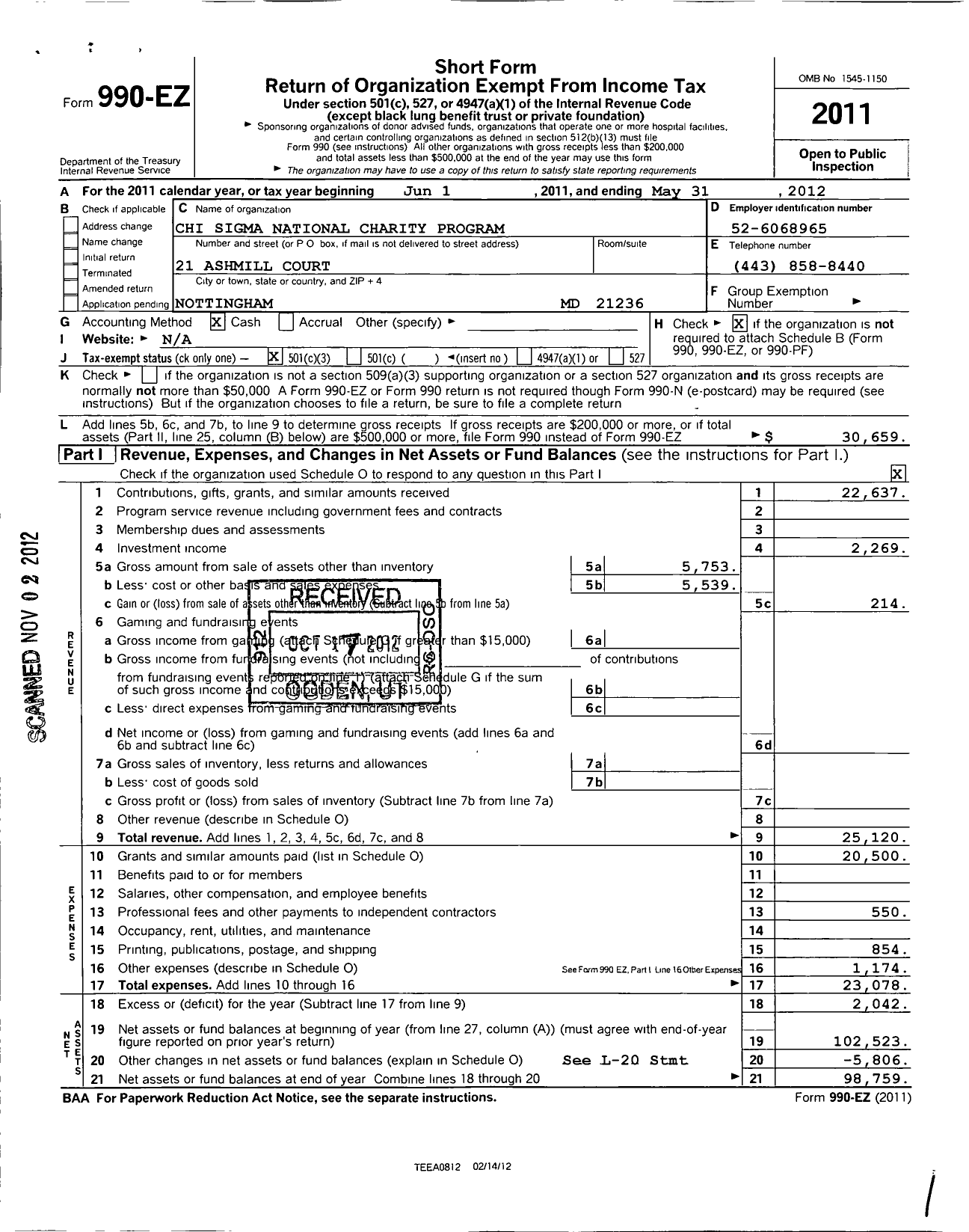 Image of first page of 2011 Form 990EZ for Chi Sigma Sorority / National Charity Program