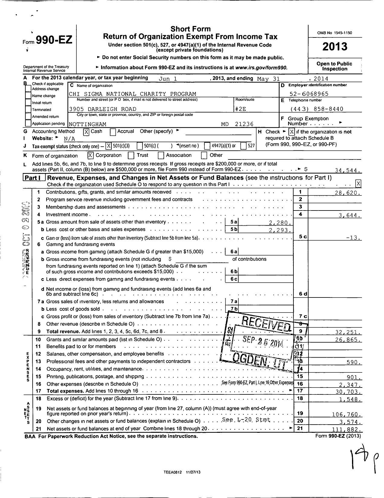 Image of first page of 2013 Form 990EZ for Chi Sigma Sorority / National Charity Program