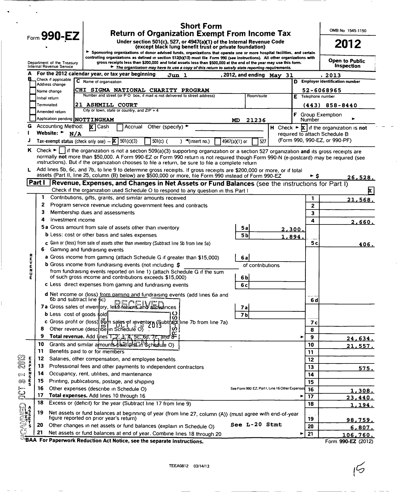 Image of first page of 2012 Form 990EZ for Chi Sigma Sorority / National Charity Program