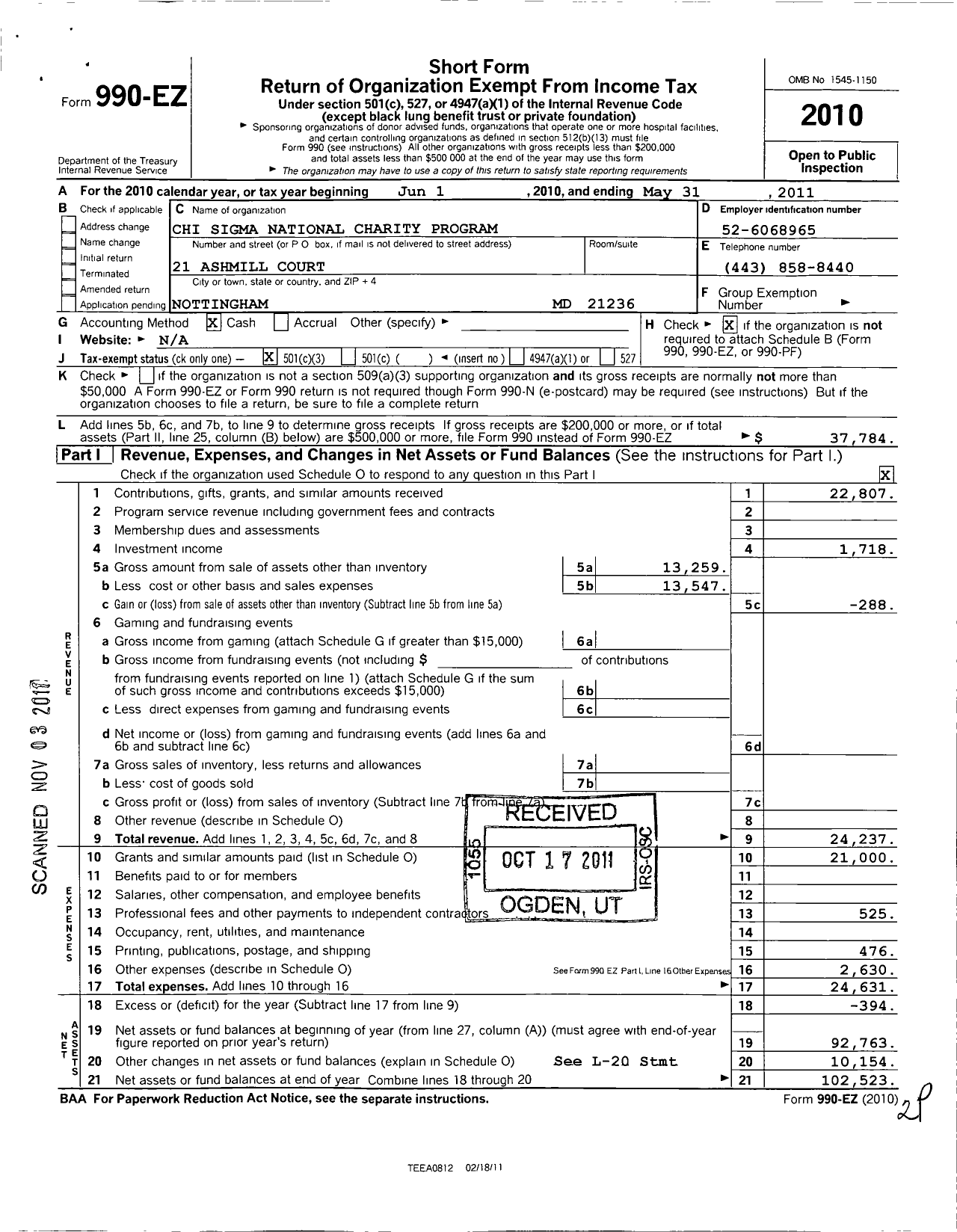 Image of first page of 2010 Form 990EZ for Chi Sigma Sorority / National Charity Program