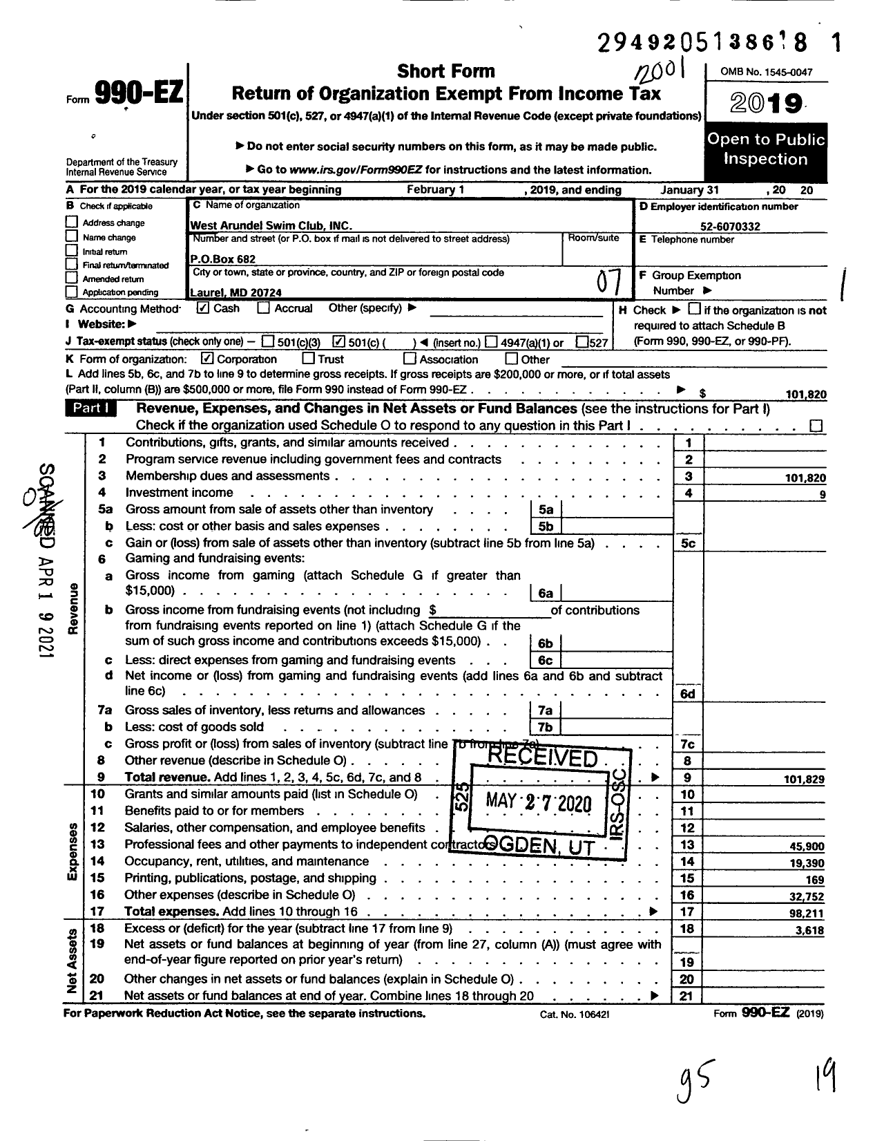 Image of first page of 2019 Form 990EO for West Arundel Swim Club