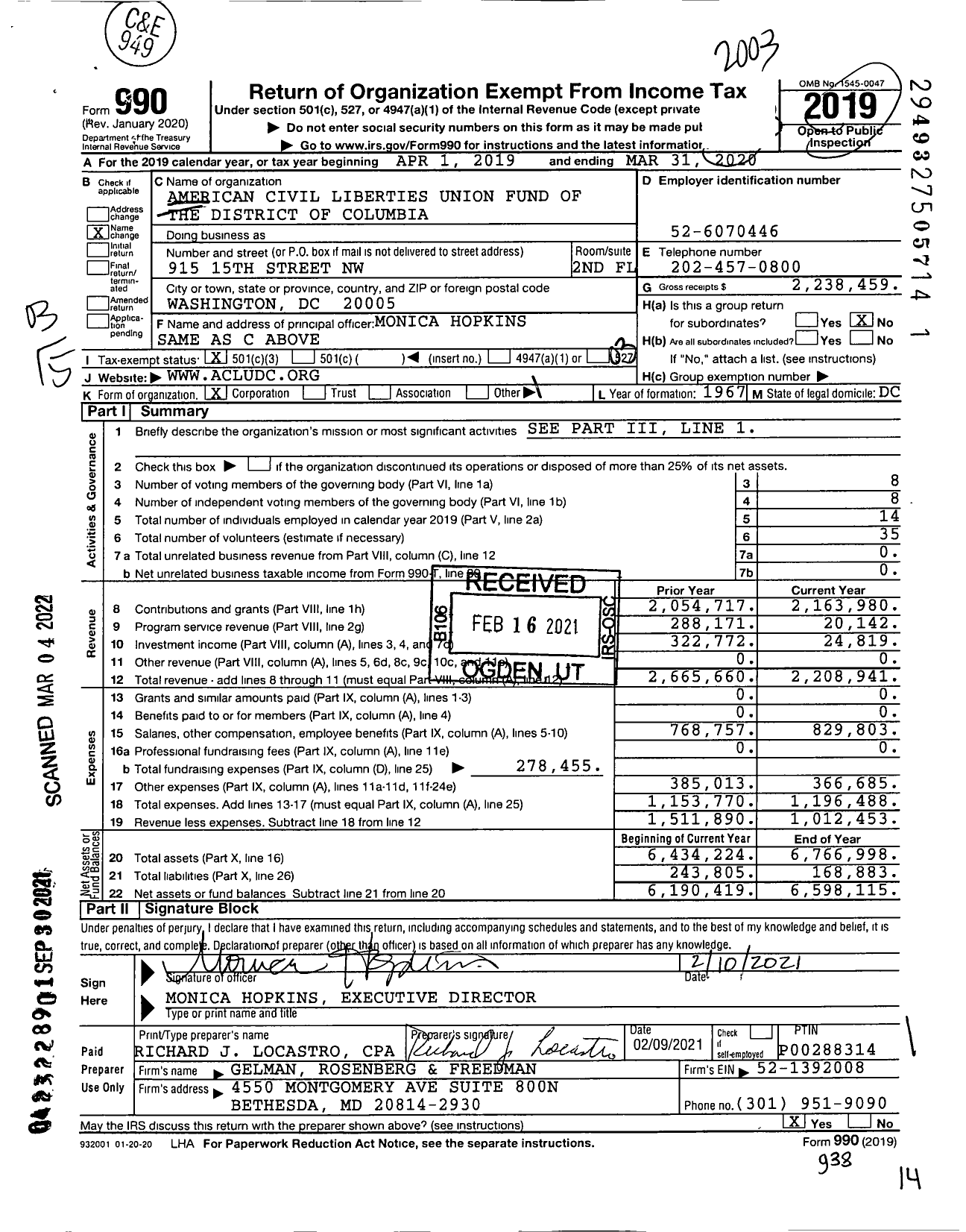 Image of first page of 2019 Form 990 for American Civil Liberties Union Fund of the District of Columbia (ACLU)