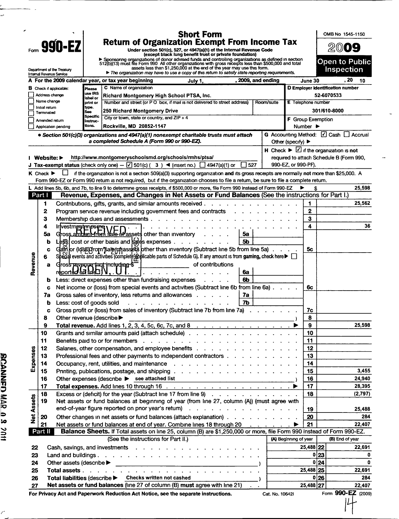 Image of first page of 2009 Form 990EZ for PTA Delaware Congress / Richard Montgomery School PTA