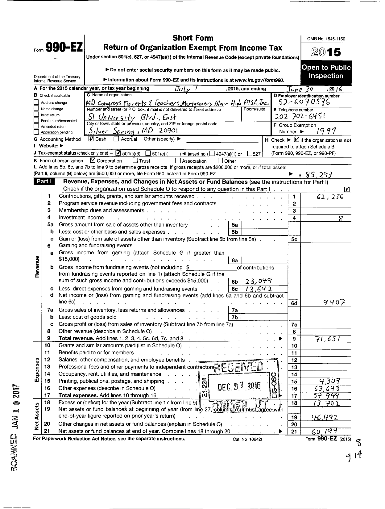 Image of first page of 2015 Form 990EZ for PTA Delaware Congress / Montgomery Blair High School PTA