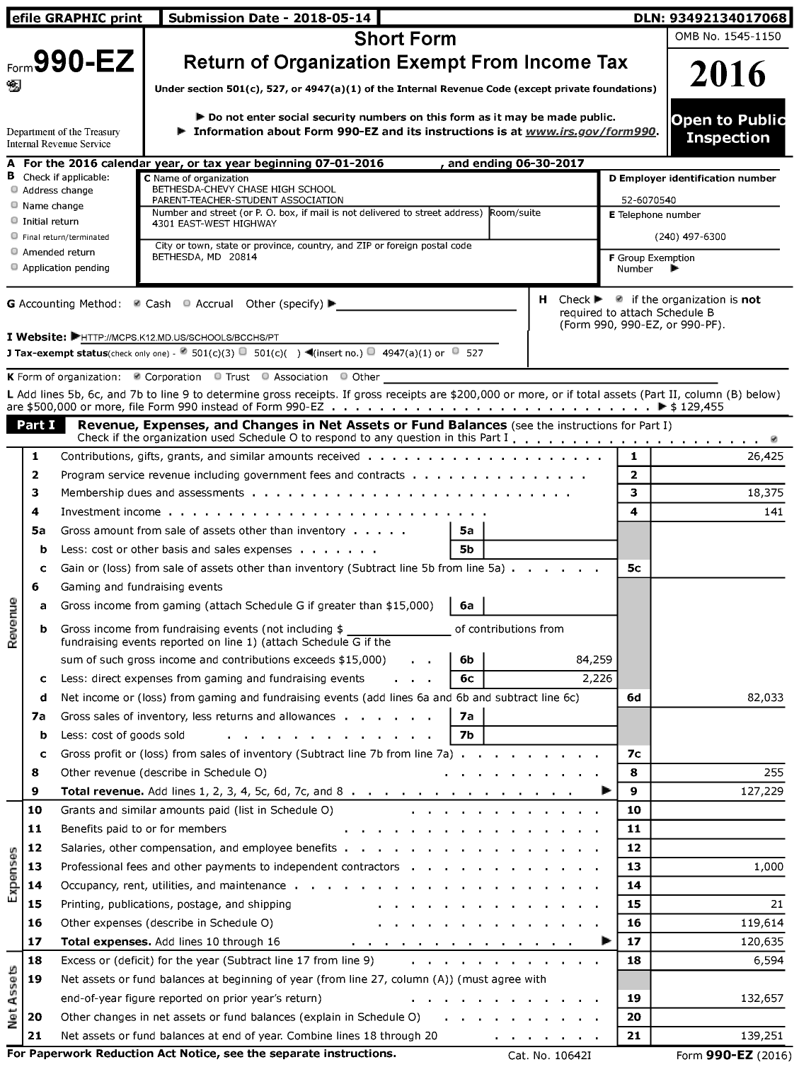 Image of first page of 2016 Form 990EZ for PTA Delaware Congress / Bethesda Chevy Chase PTA