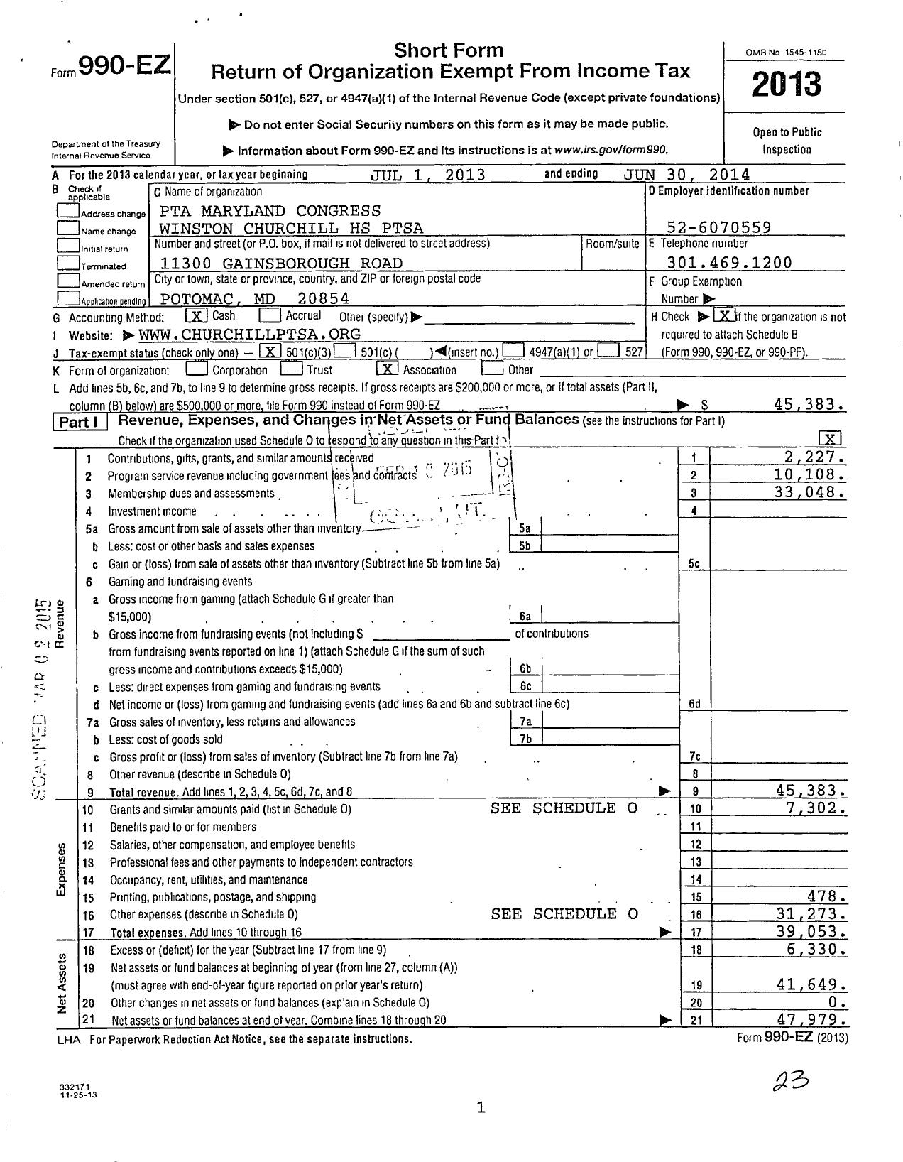 Image of first page of 2013 Form 990EZ for PTA Delaware Congress Winston Churchill High