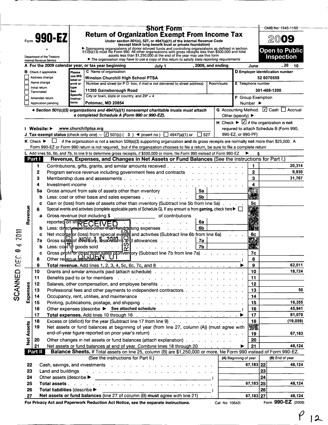 Image of first page of 2009 Form 990EZ for PTA Delaware Congress Winston Churchill High