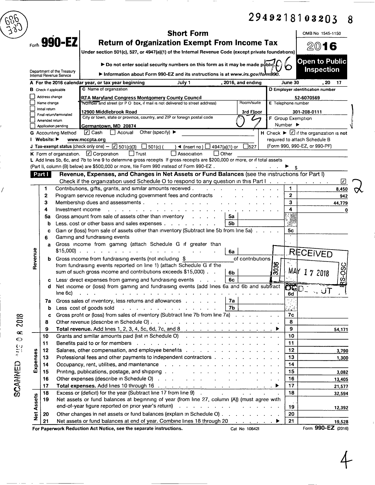 Image of first page of 2016 Form 990EZ for PTA Maryland Congress / Montgomery County Council PTA