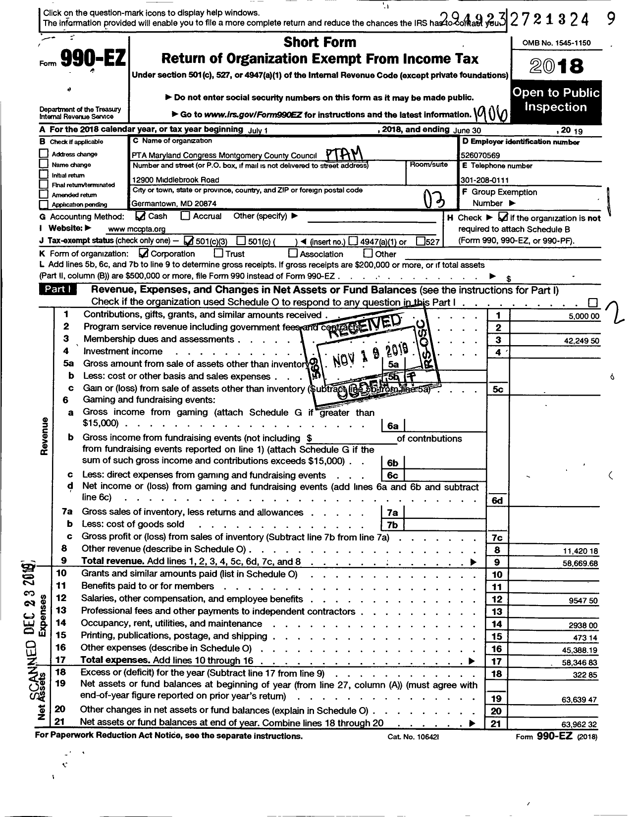 Image of first page of 2018 Form 990EZ for PTA Delaware Congress / Montgomery County Council PTA