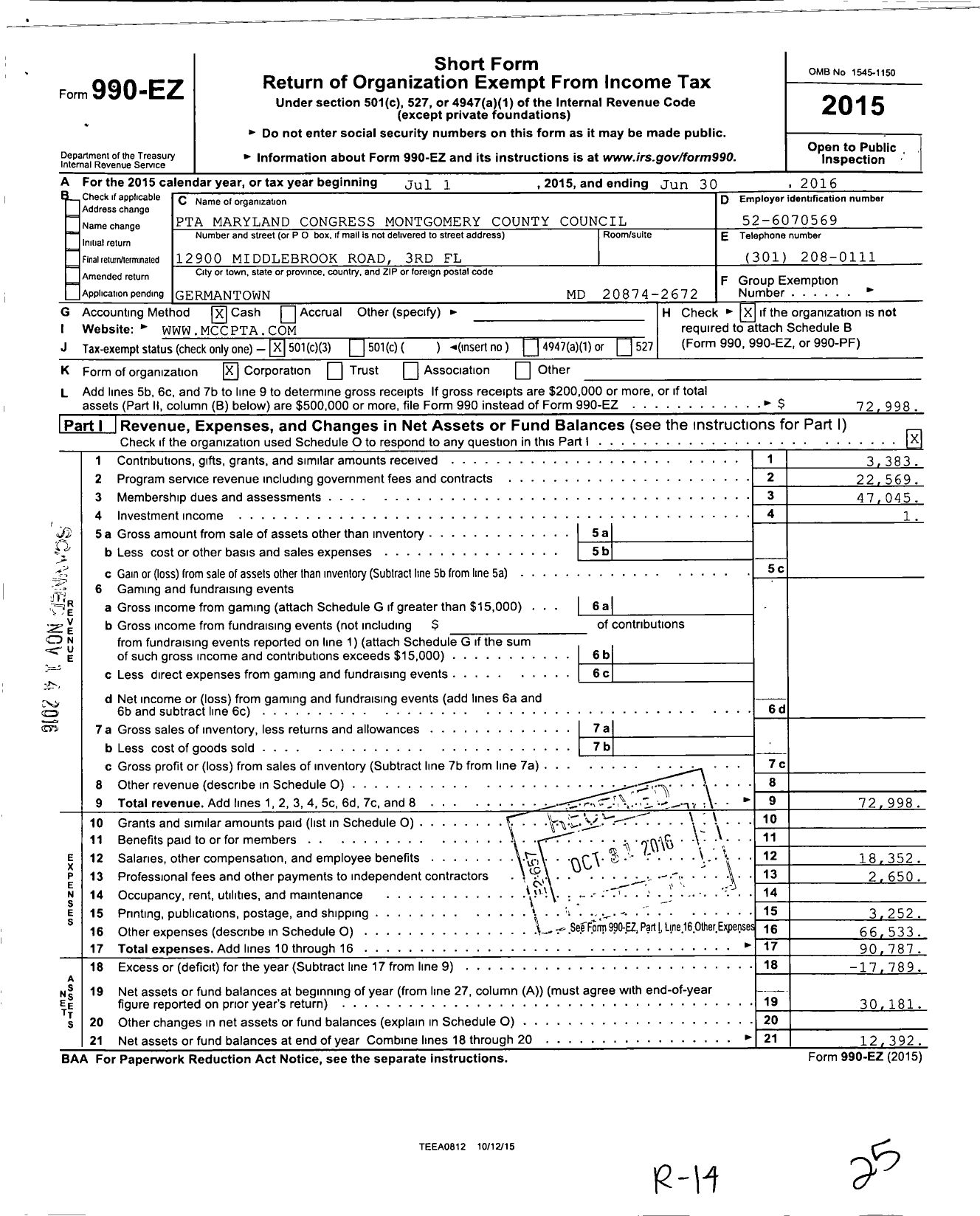 Image of first page of 2015 Form 990EZ for PTA Maryland Congress / Montgomery County Council PTA