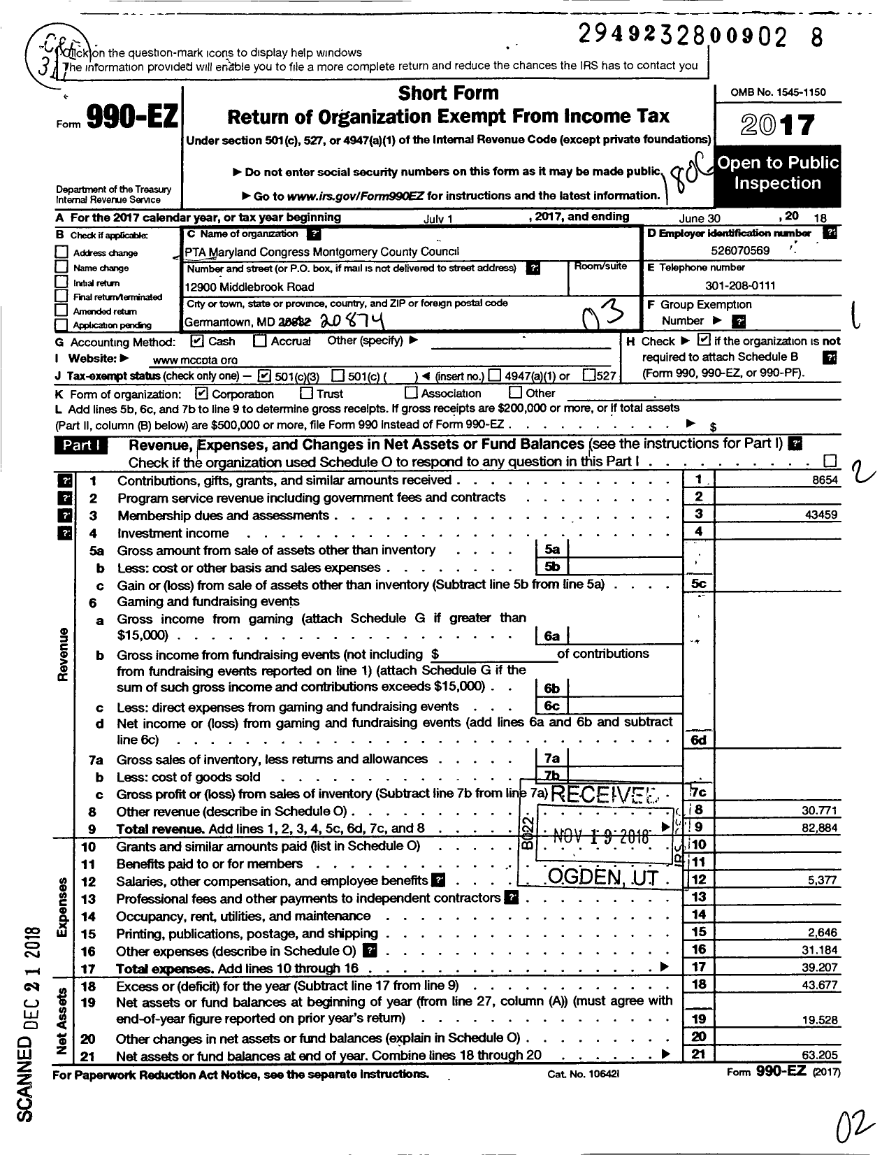 Image of first page of 2017 Form 990EZ for PTA Maryland Congress / Montgomery County Council PTA