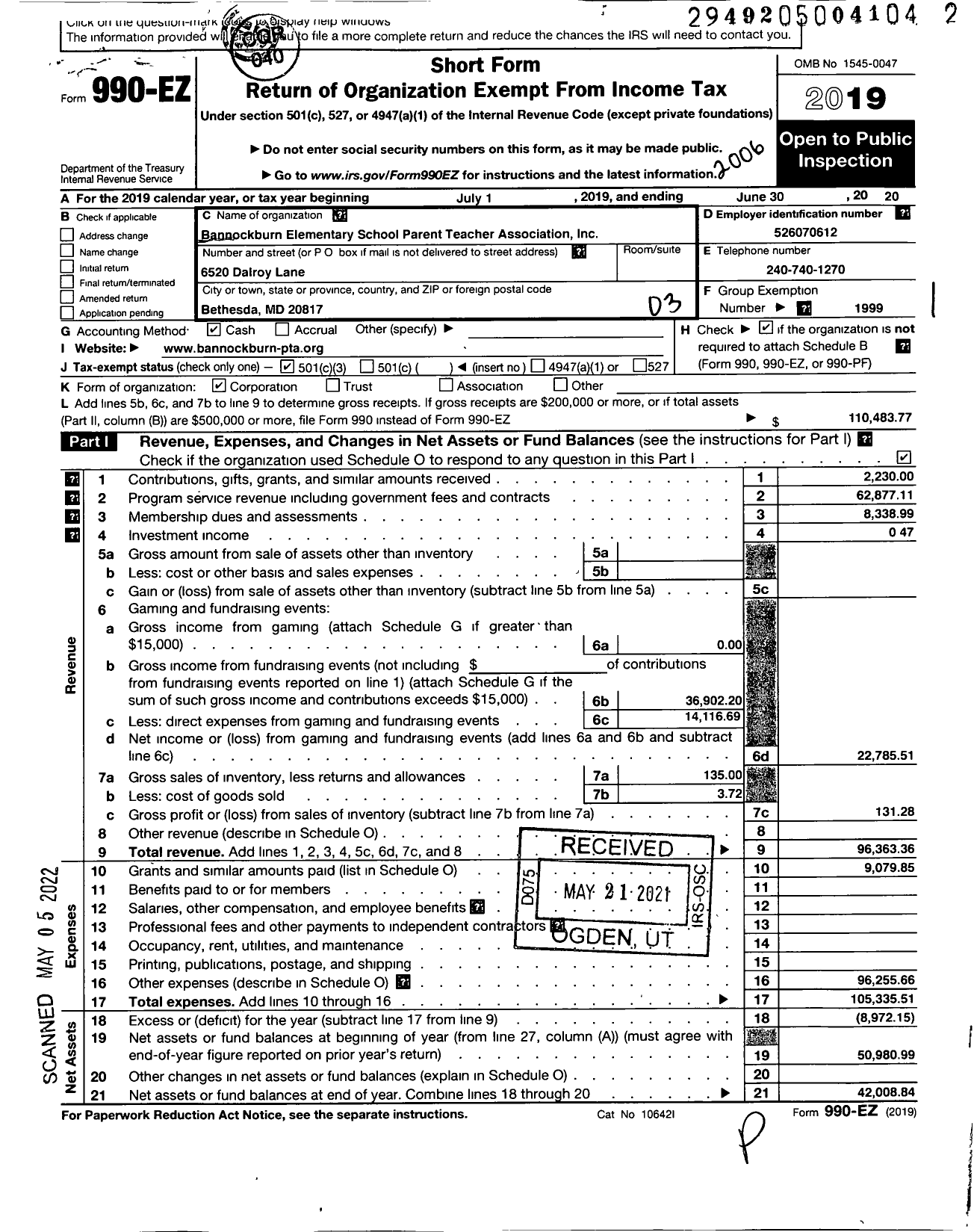 Image of first page of 2019 Form 990EZ for PTA Maryland Congress of Parent and Teachers / Bannockburn Elementary-Montgomery