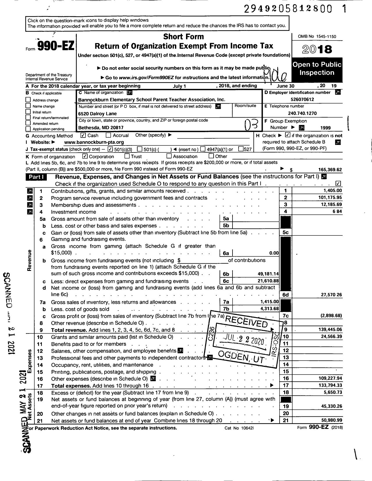 Image of first page of 2018 Form 990EZ for PTA Maryland Congress of Parent and Teachers / Bannockburn Elementary-Montgomery