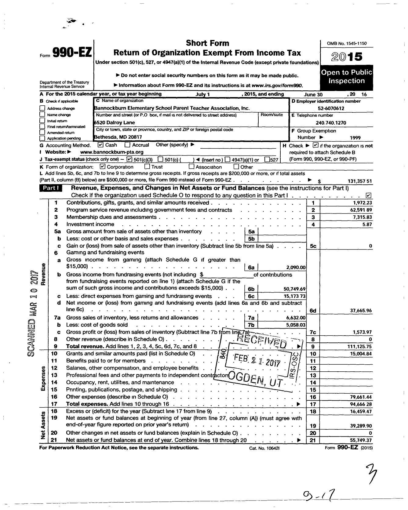 Image of first page of 2015 Form 990EZ for PTA Maryland Congress of Parent and Teachers / Bannockburn Elementary-Montgomery