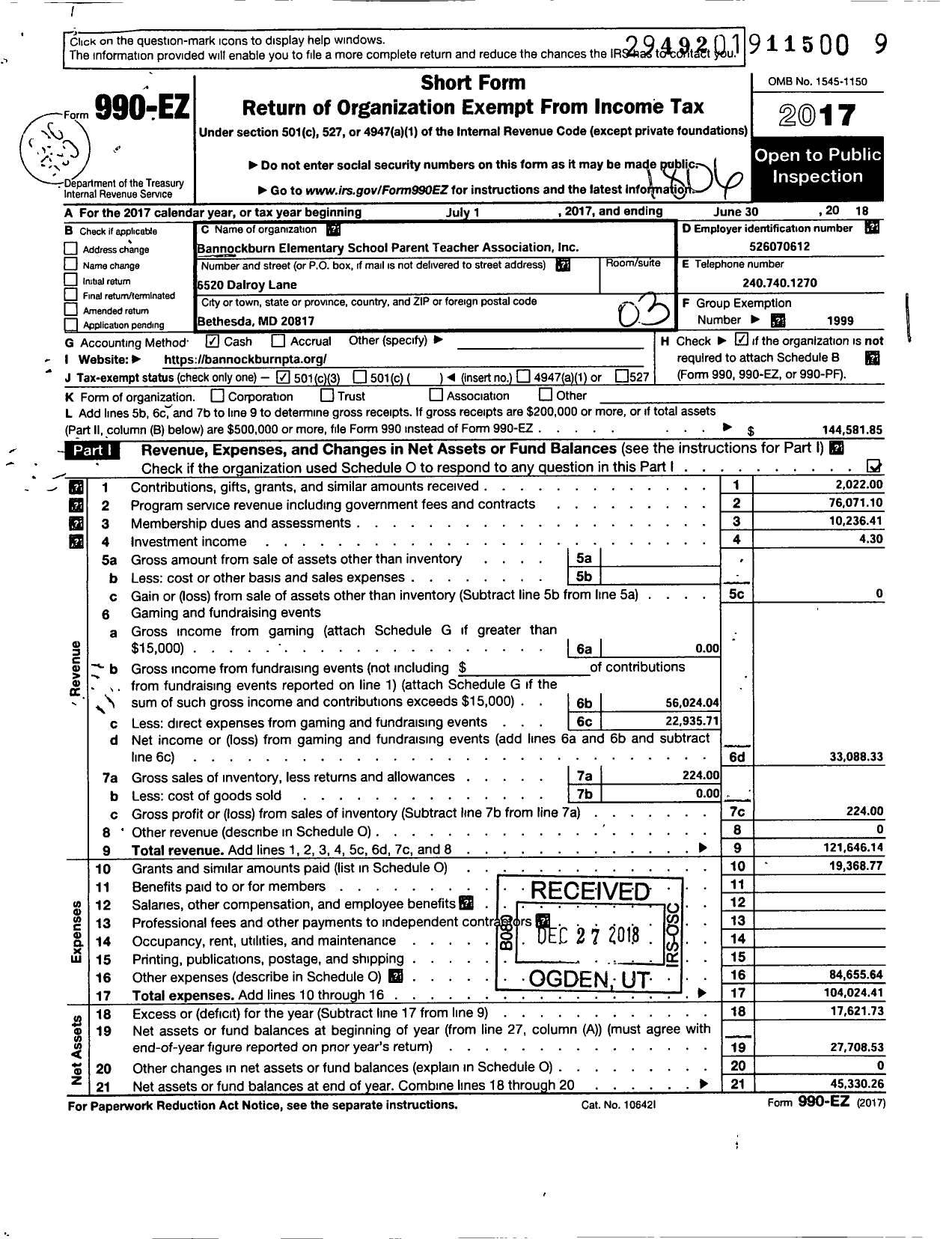 Image of first page of 2017 Form 990EZ for PTA Maryland Congress of Parent and Teachers / Bannockburn Elementary-Montgomery