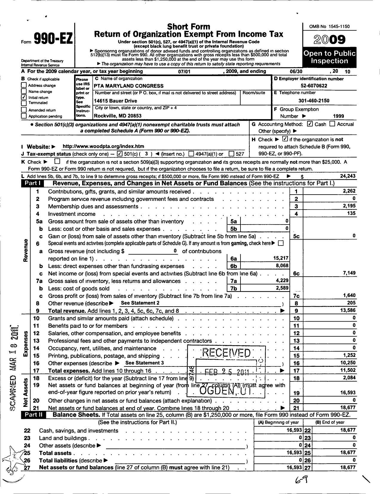 Image of first page of 2009 Form 990EZ for PTA Delaware Congress / Earle B Wood Middle School PTA