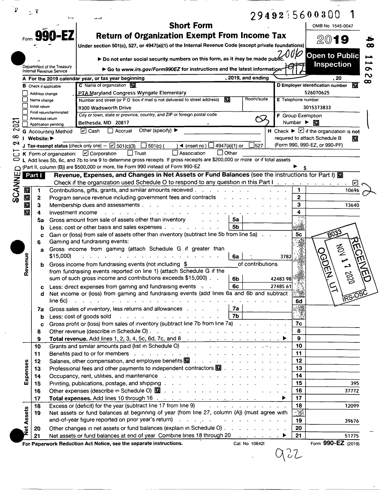 Image of first page of 2019 Form 990EZ for Wyngate PTA