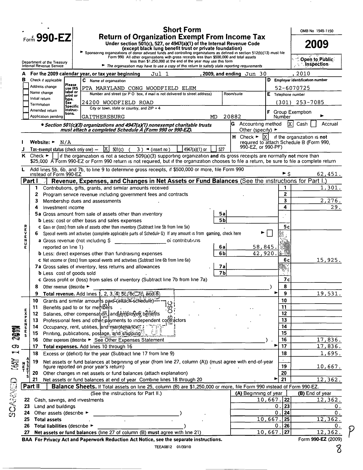 Image of first page of 2009 Form 990EZ for PTA Delaware Congress / Woodfield Elementary School PTA