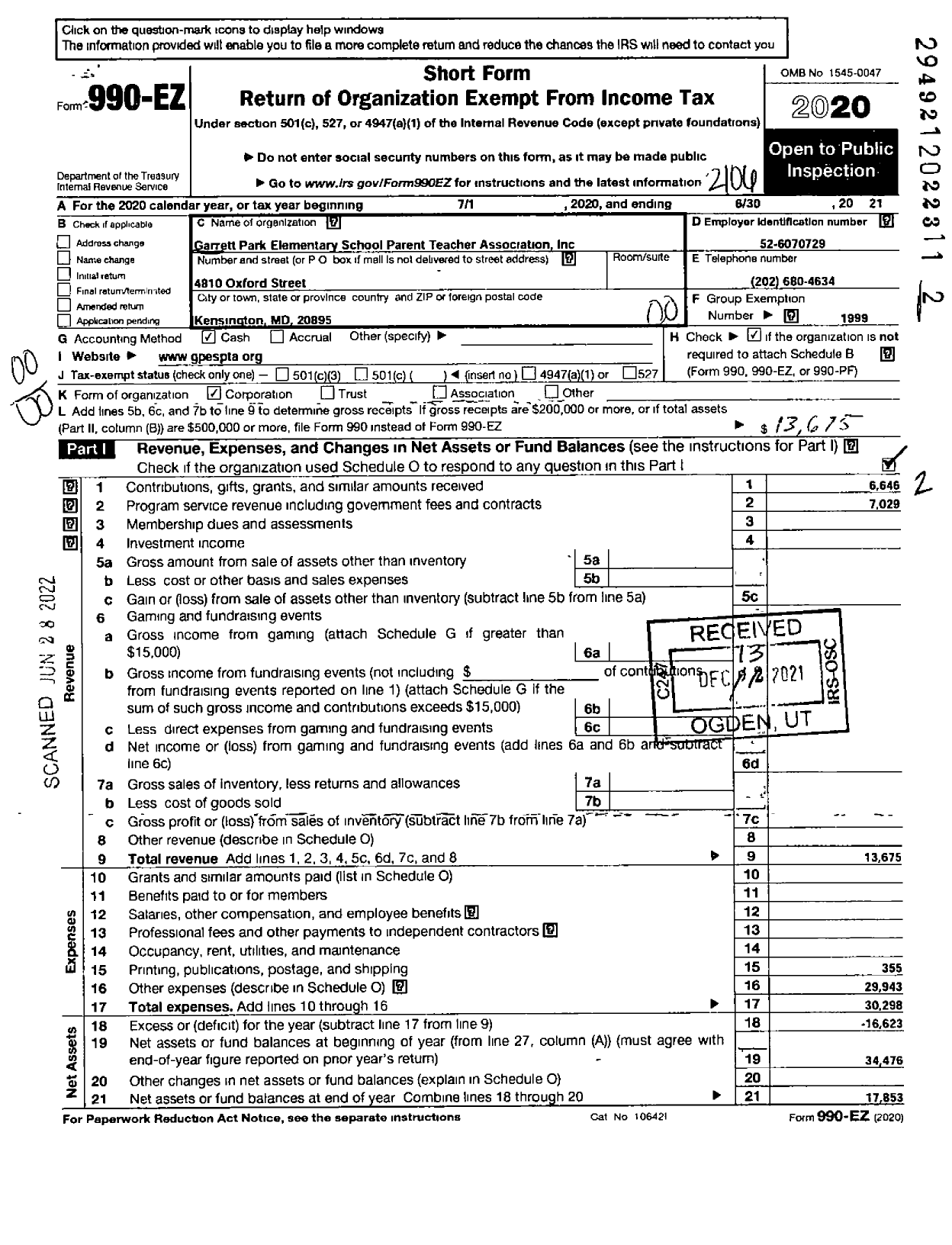 Image of first page of 2020 Form 990EO for PTA Delaware CONGRESS / Garrett Park Elementary