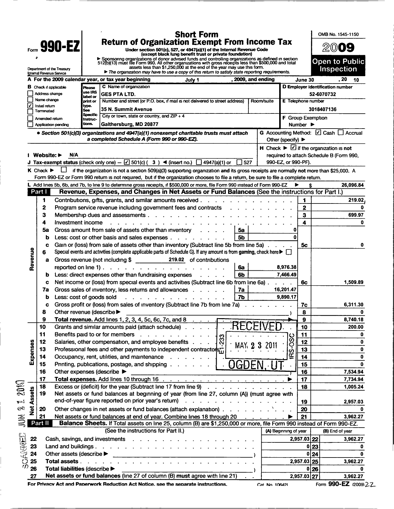 Image of first page of 2009 Form 990EZ for PTA Delaware Congress / Gaithersburg Elementary School PTA