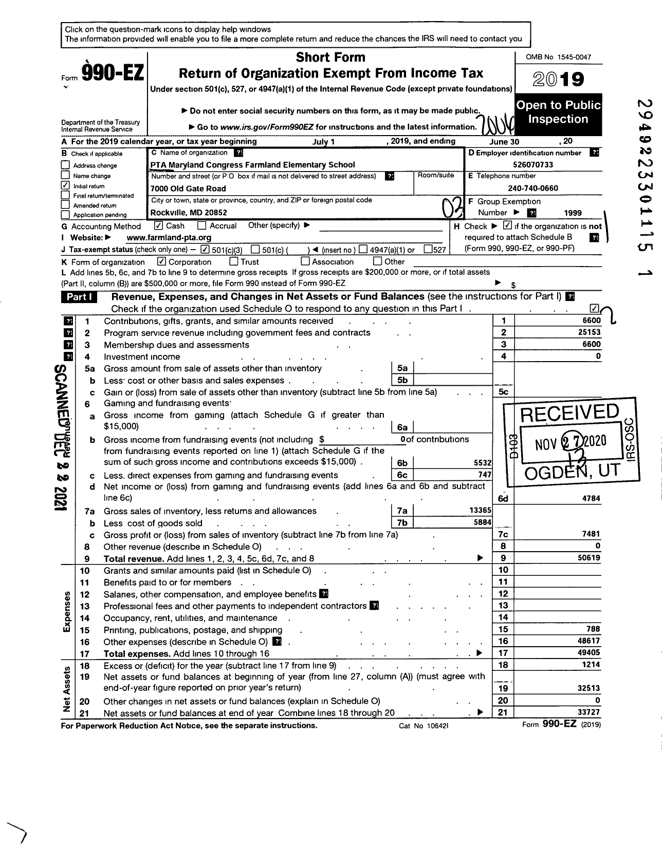 Image of first page of 2019 Form 990EZ for PTA Delaware Congress / Farmland Elementary School PTA