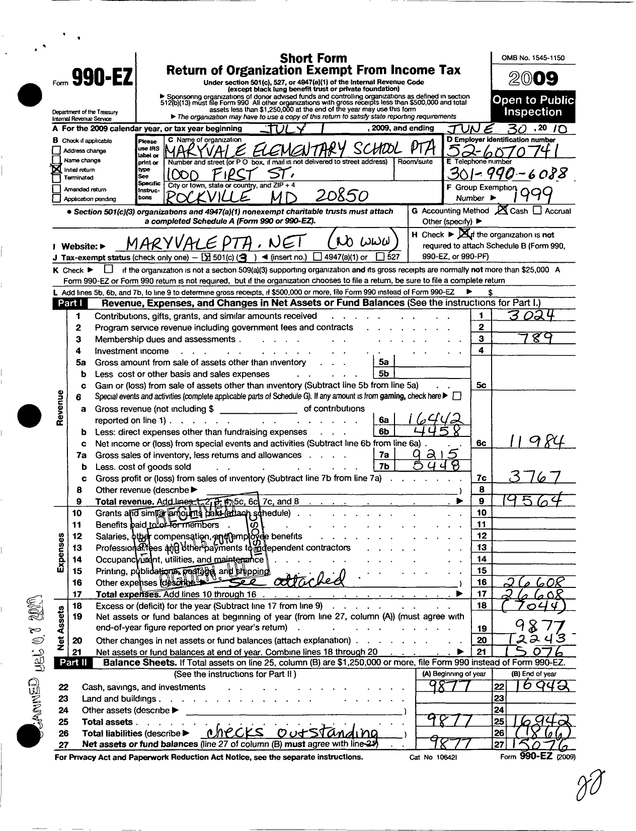 Image of first page of 2009 Form 990EZ for PTA Delaware Congress / Maryvale Elementary School