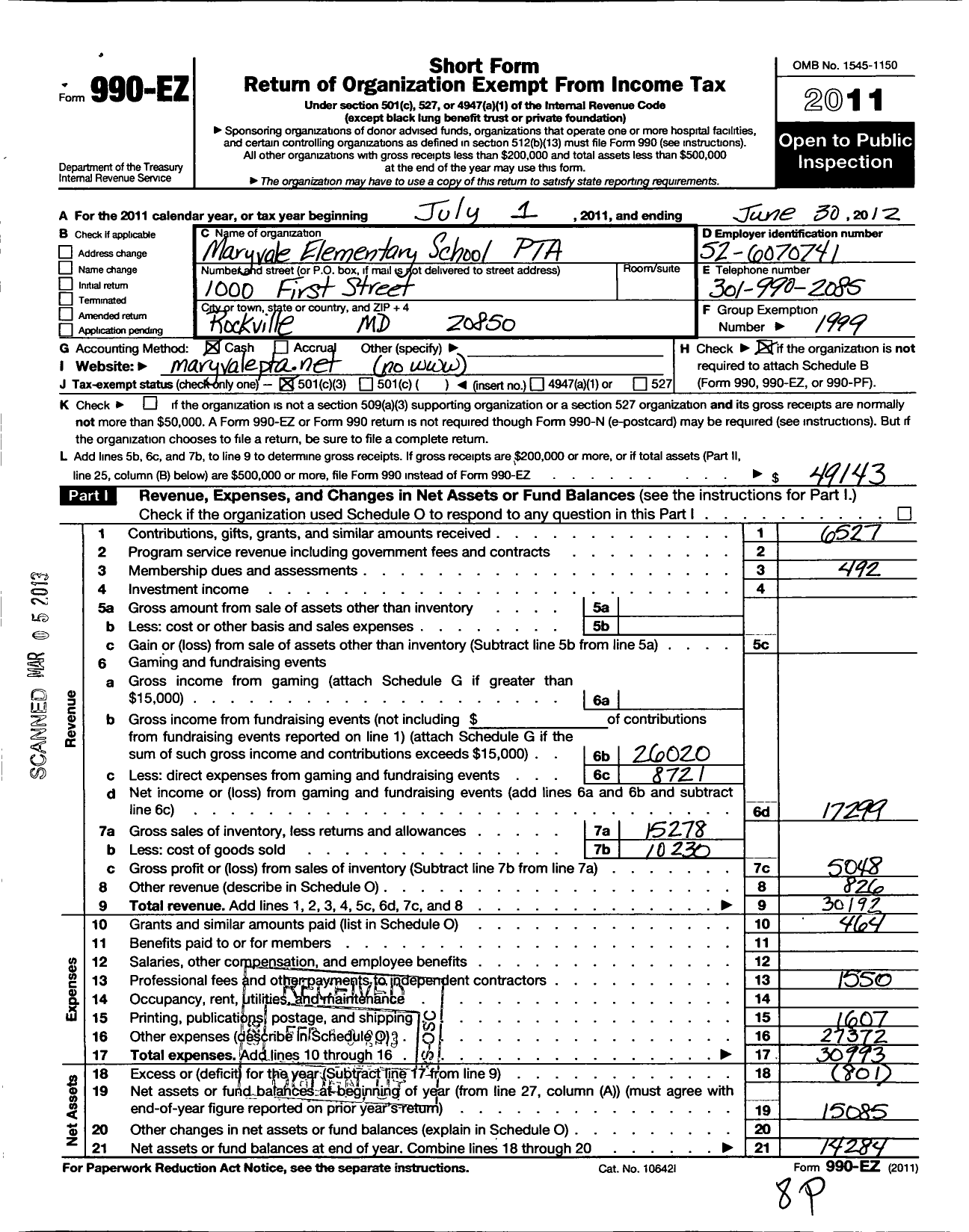 Image of first page of 2011 Form 990EZ for PTA Delaware Congress / Maryvale Elementary School