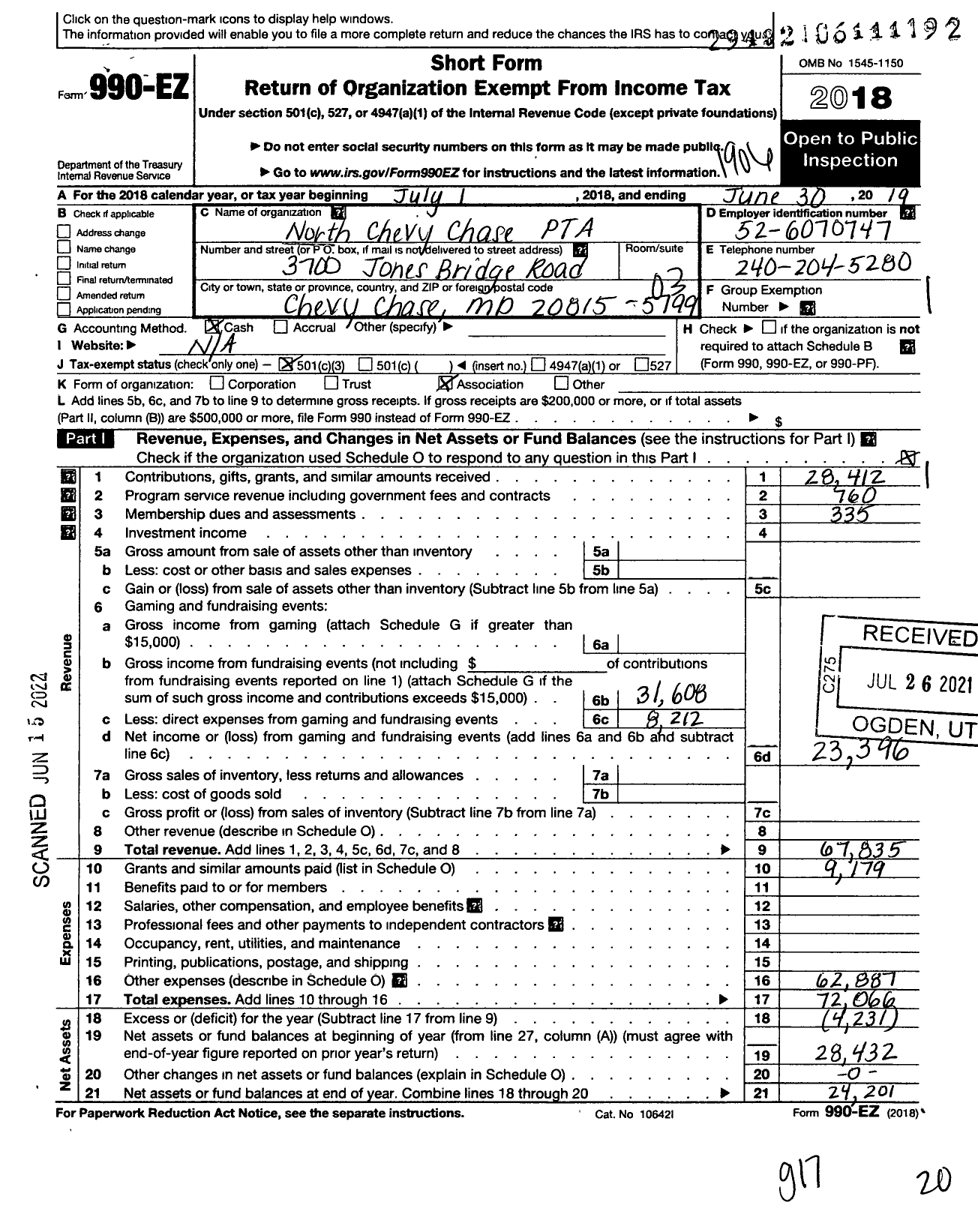 Image of first page of 2018 Form 990EZ for PTA Maryland Congress of Parent and Teachers / North Chevy Chase Elementary PTA