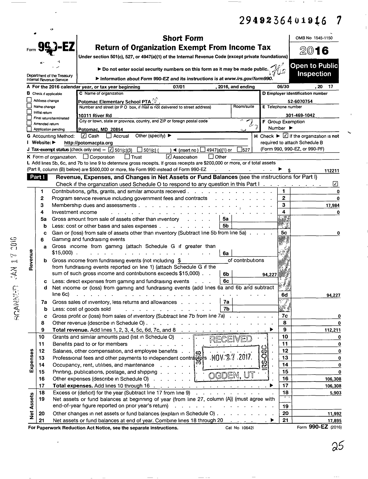 Image of first page of 2016 Form 990EZ for Potomac Elementary School PTA