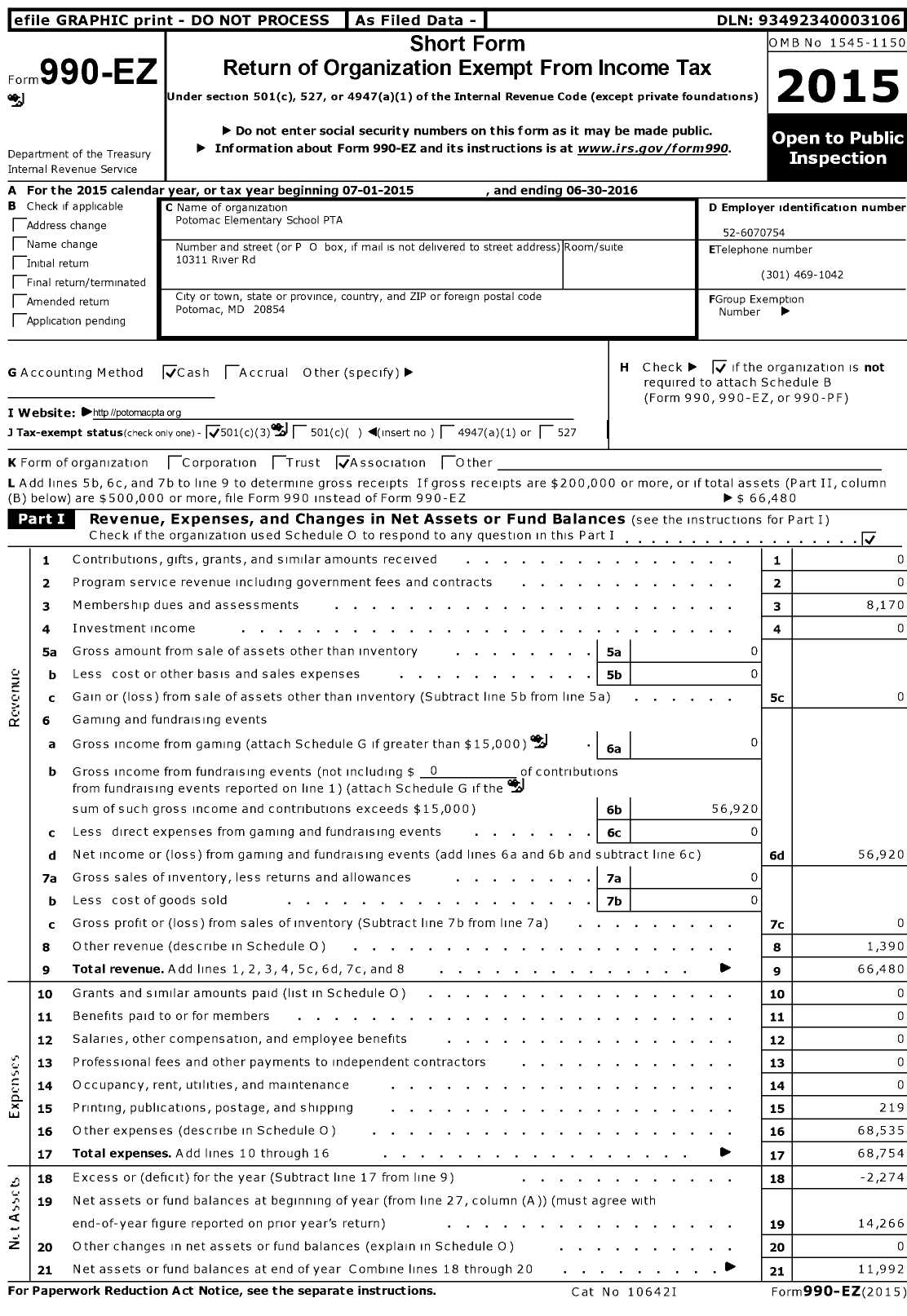 Image of first page of 2015 Form 990EZ for Potomac Elementary School PTA