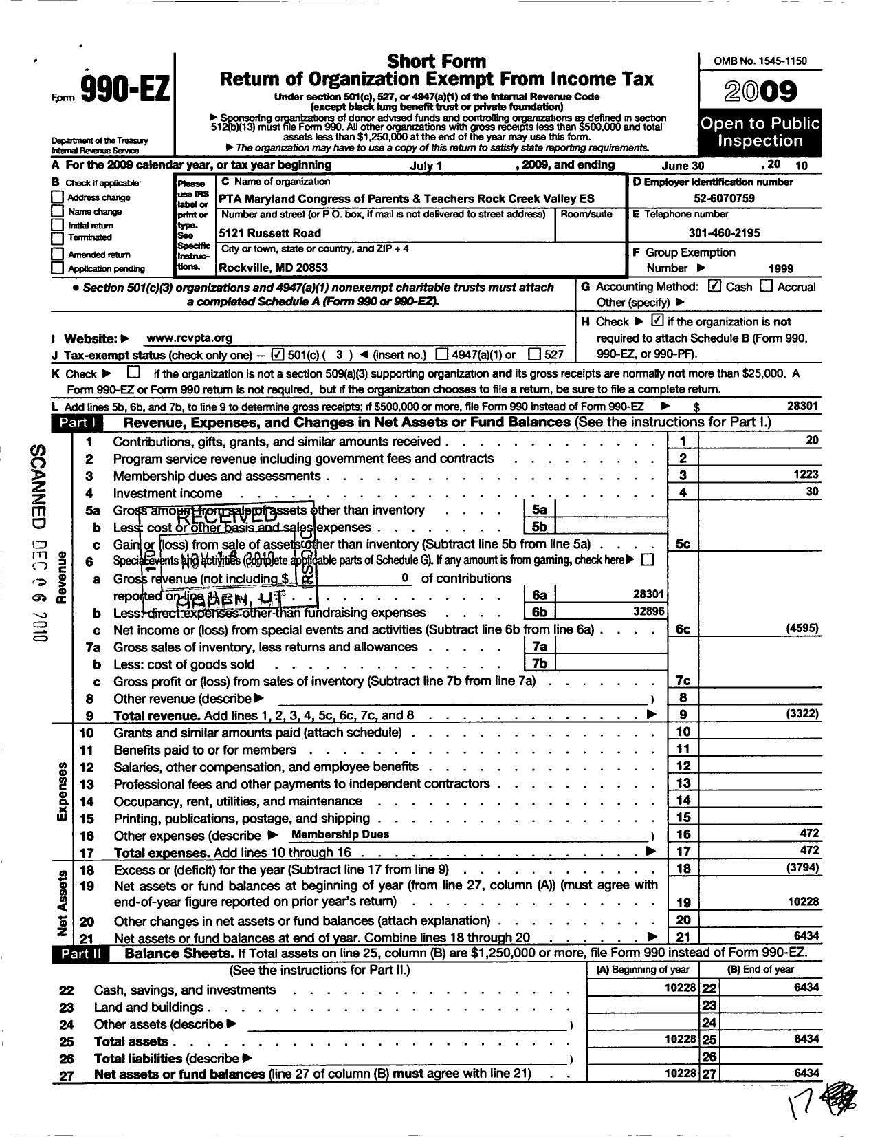 Image of first page of 2009 Form 990EZ for PTA Delaware Congress / Rock Creek Valley PTA