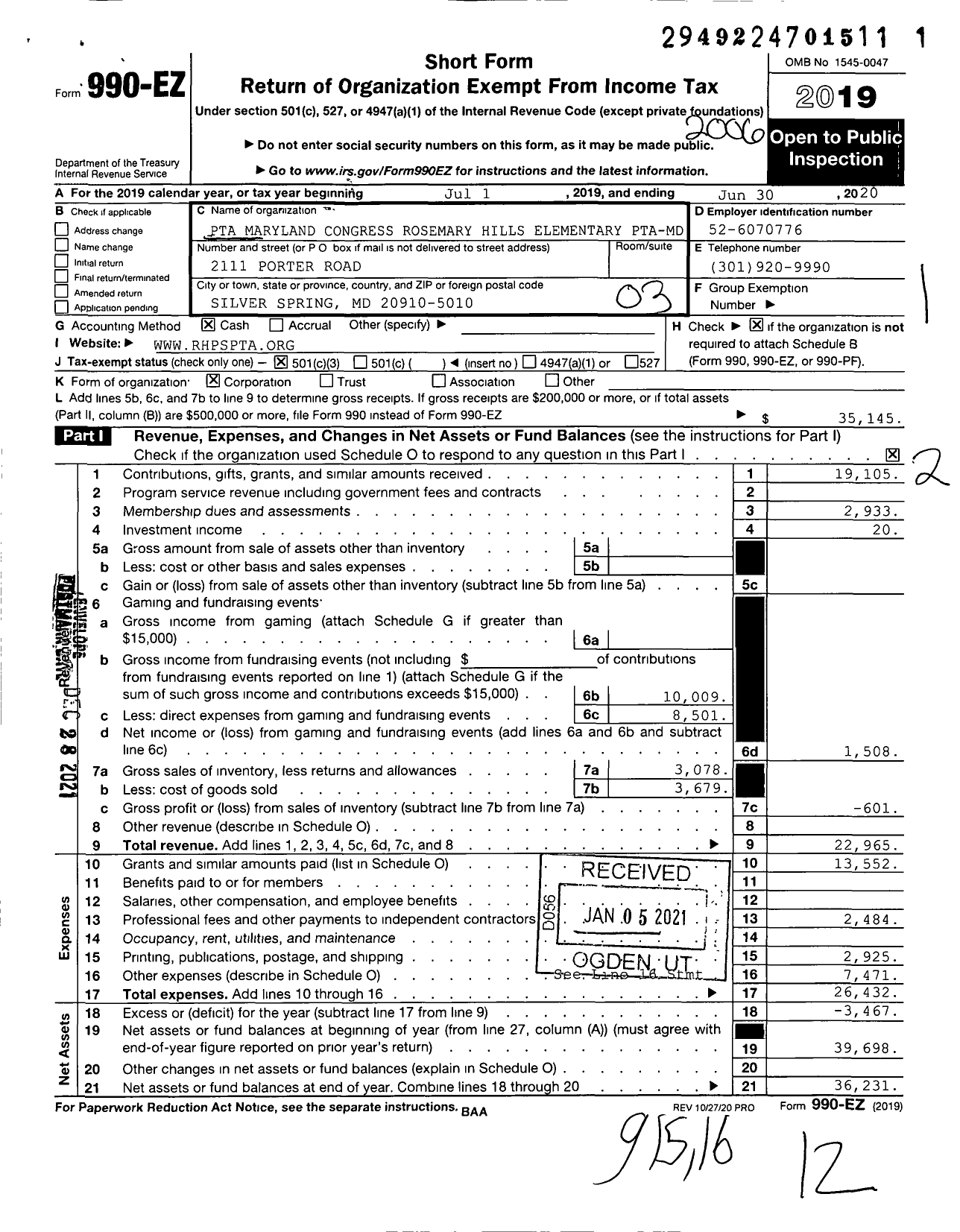 Image of first page of 2019 Form 990EZ for PTA Maryland Congress Rosemary Hills Elementary Pta-Md