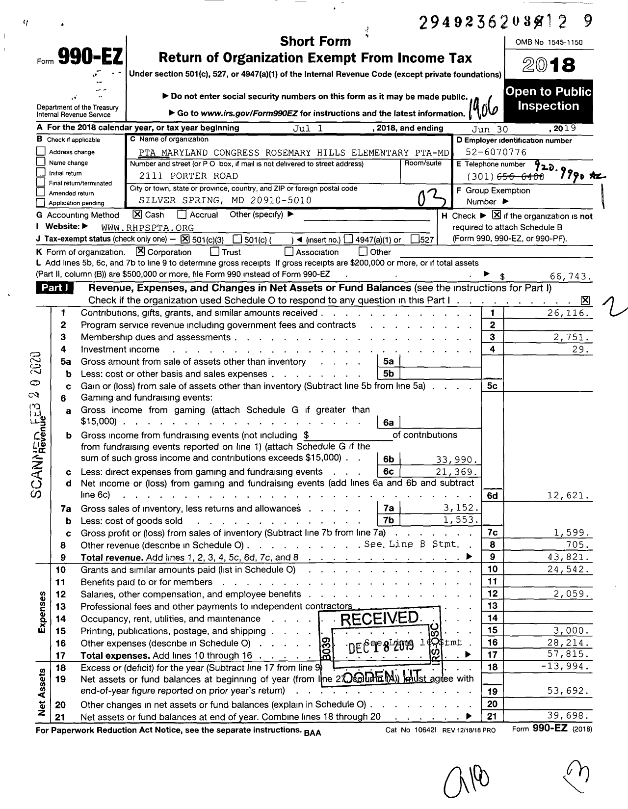 Image of first page of 2018 Form 990EZ for PTA Maryland Congress Rosemary Hills Elementary Pta-Md