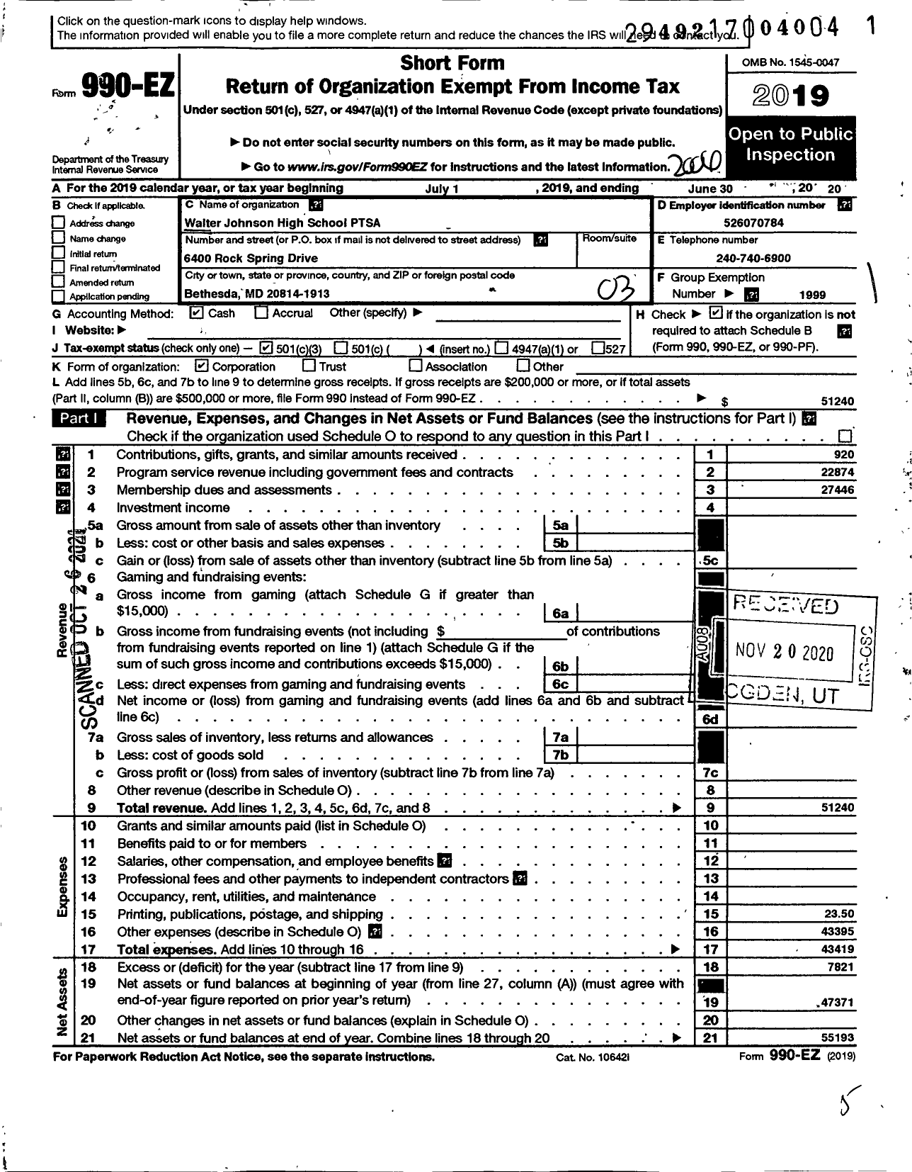 Image of first page of 2019 Form 990EZ for PTA Maryland Congress Walter Johnson High