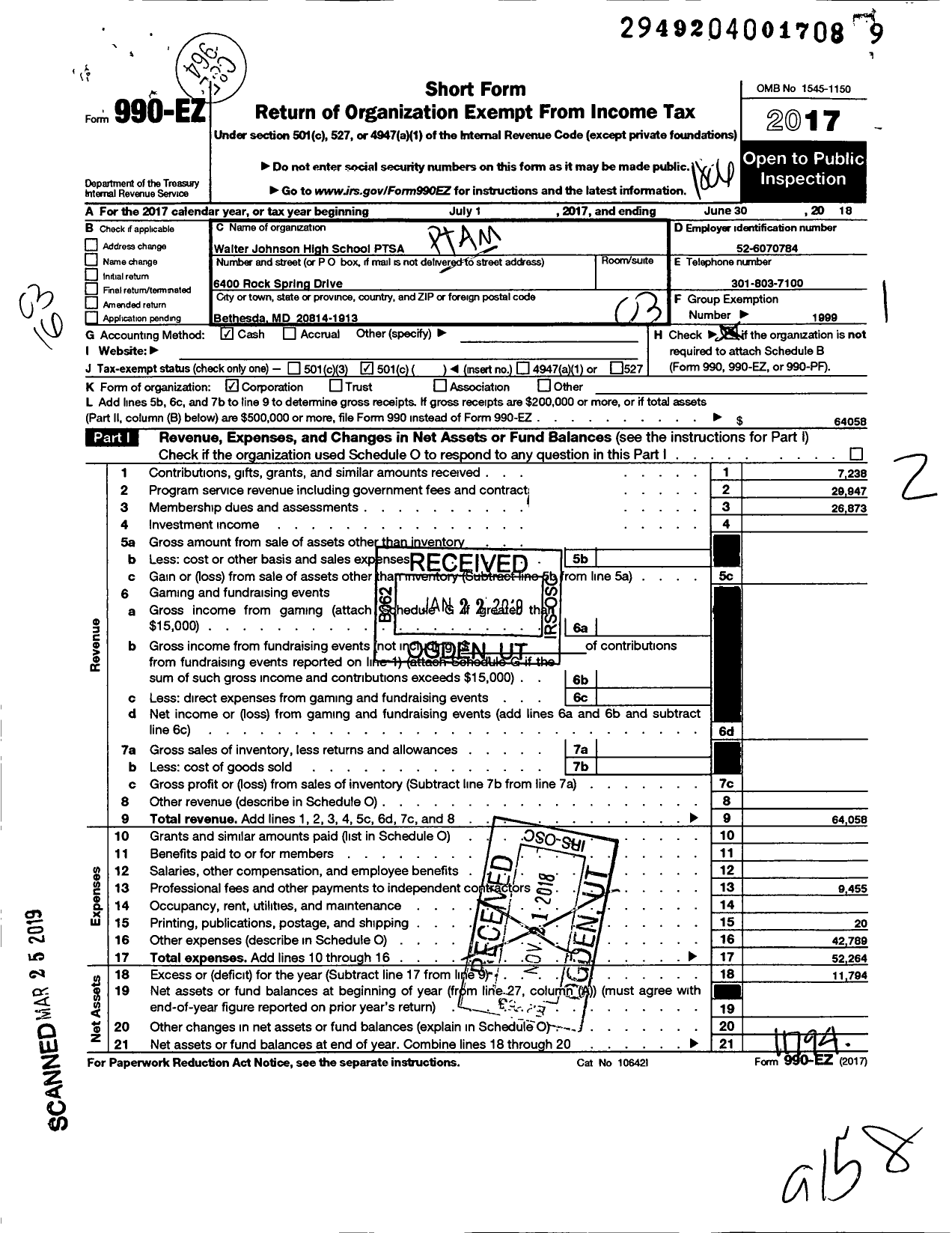 Image of first page of 2017 Form 990EZ for PTA Maryland Congress Walter Johnson High