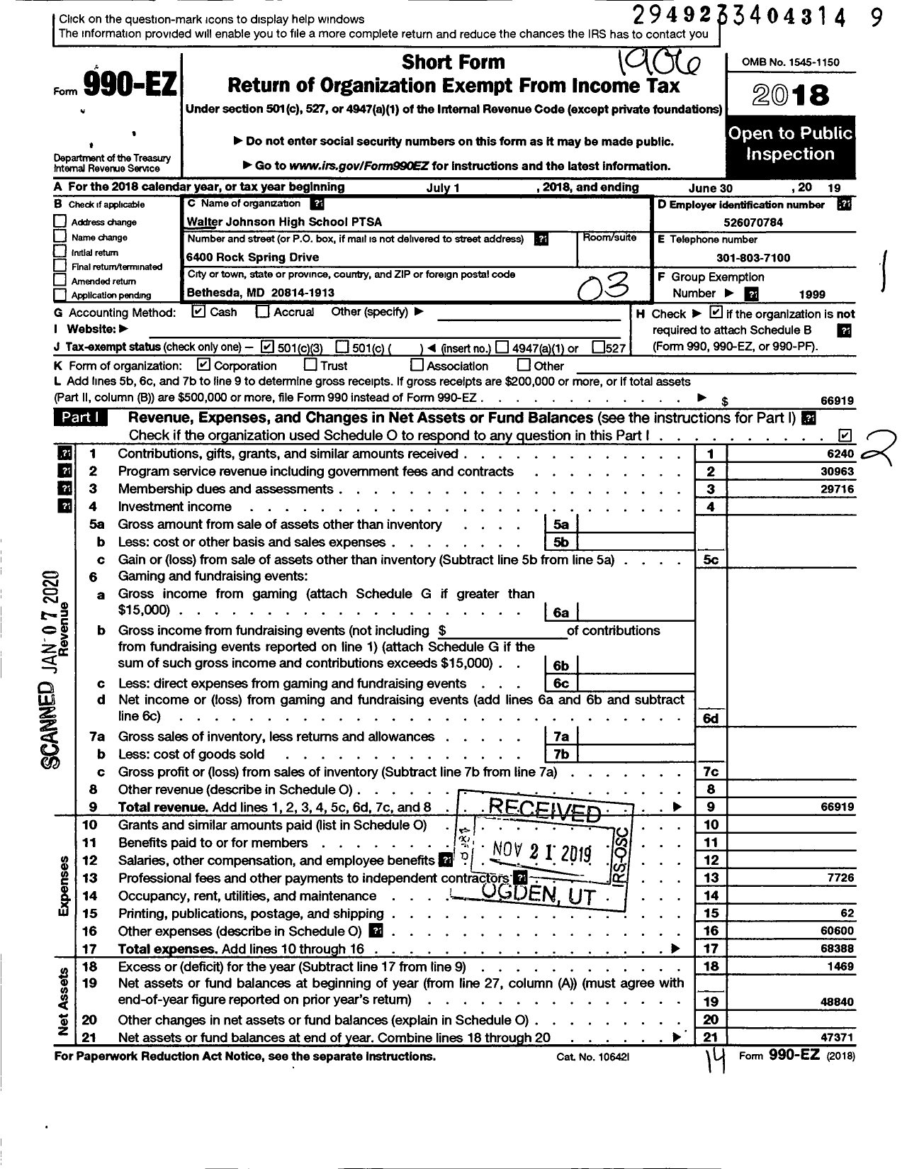 Image of first page of 2018 Form 990EZ for PTA Maryland Congress Walter Johnson High