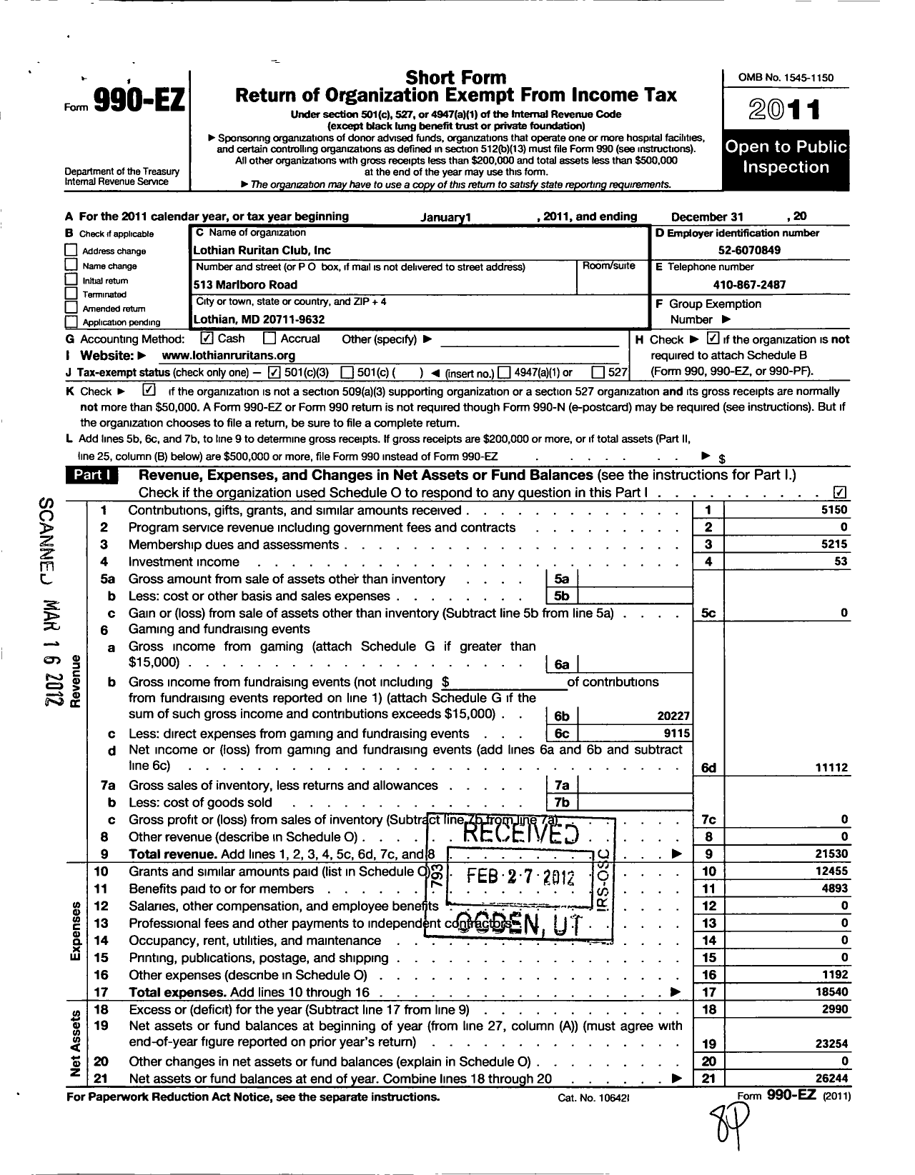 Image of first page of 2011 Form 990EZ for Ruritan - Ruritan National Corp