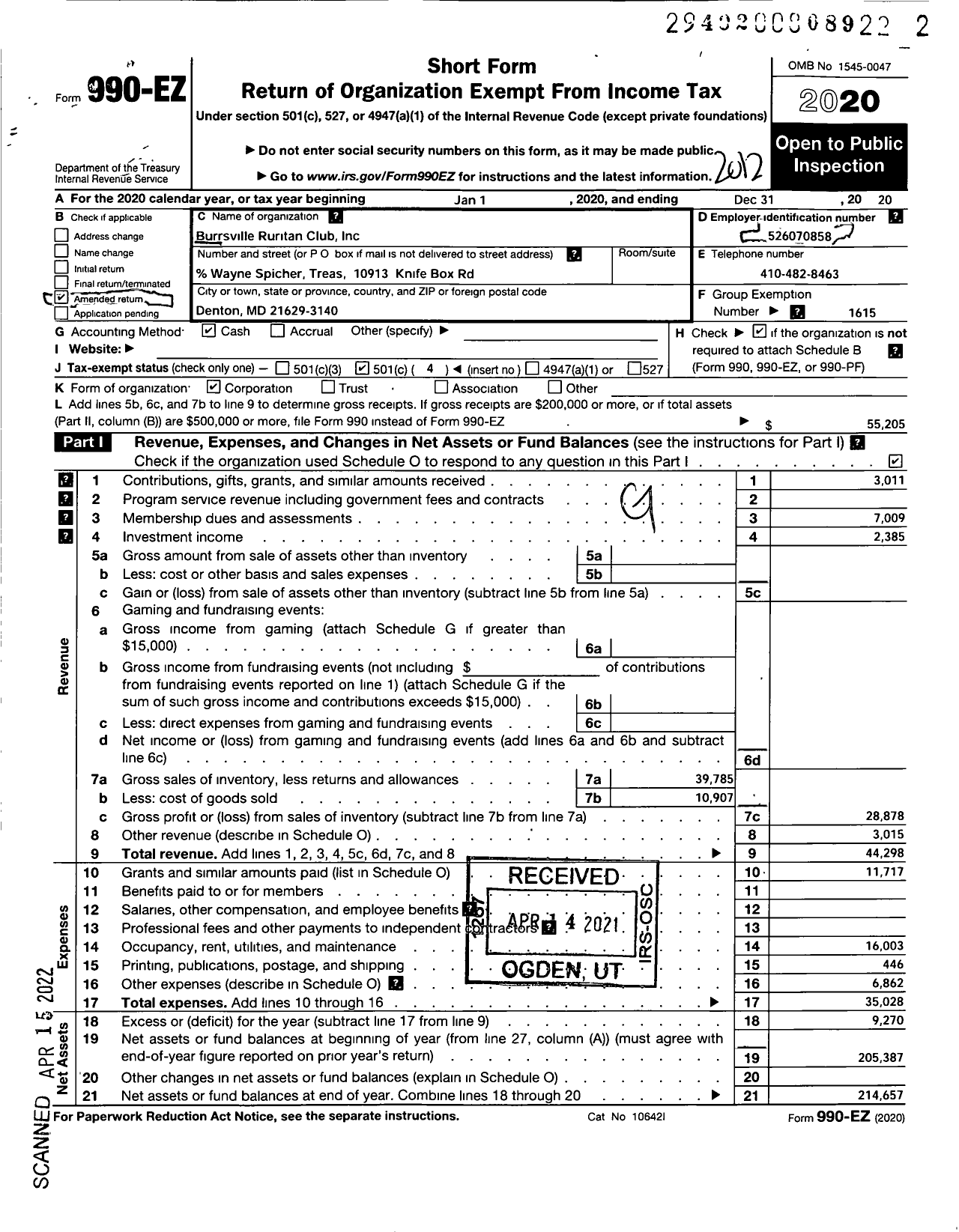 Image of first page of 2020 Form 990EO for Ruritan - Burrsville